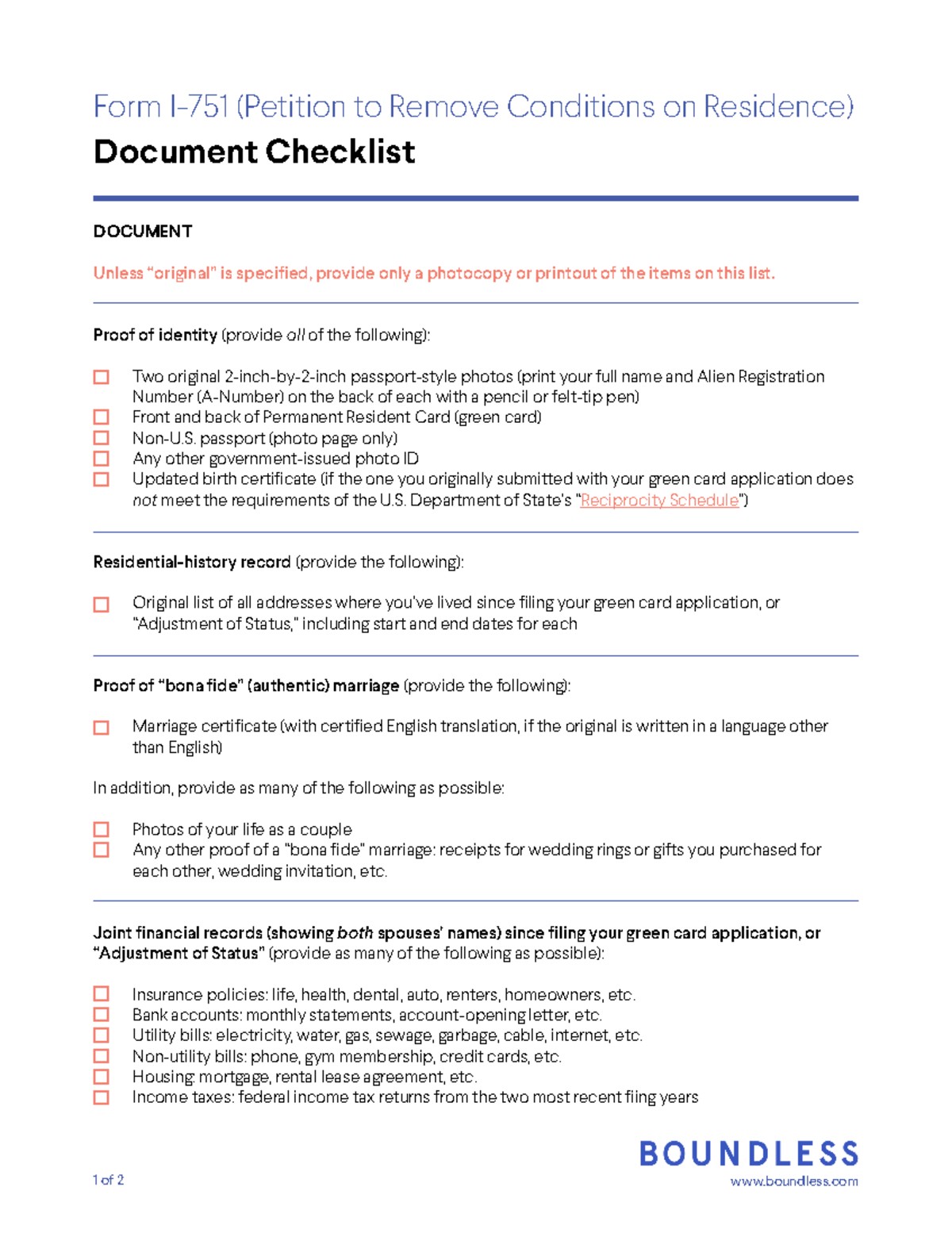 Supporting Document Checklist for Removal of Conditions DOCUMENT