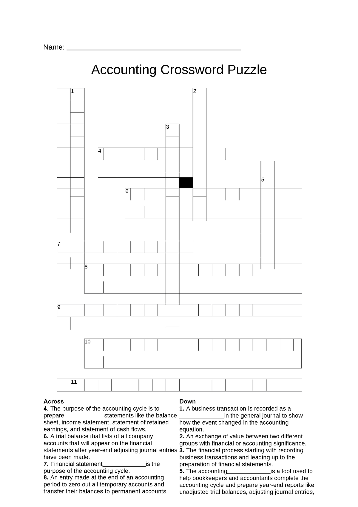 Accounting cycle Crossword Puzzle Name: Accounting Crossword Puzzle 1