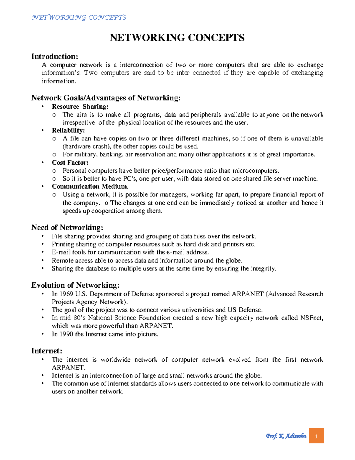 DCN Notes adi NETWORKING CONCEPTS Introduction A computer network is