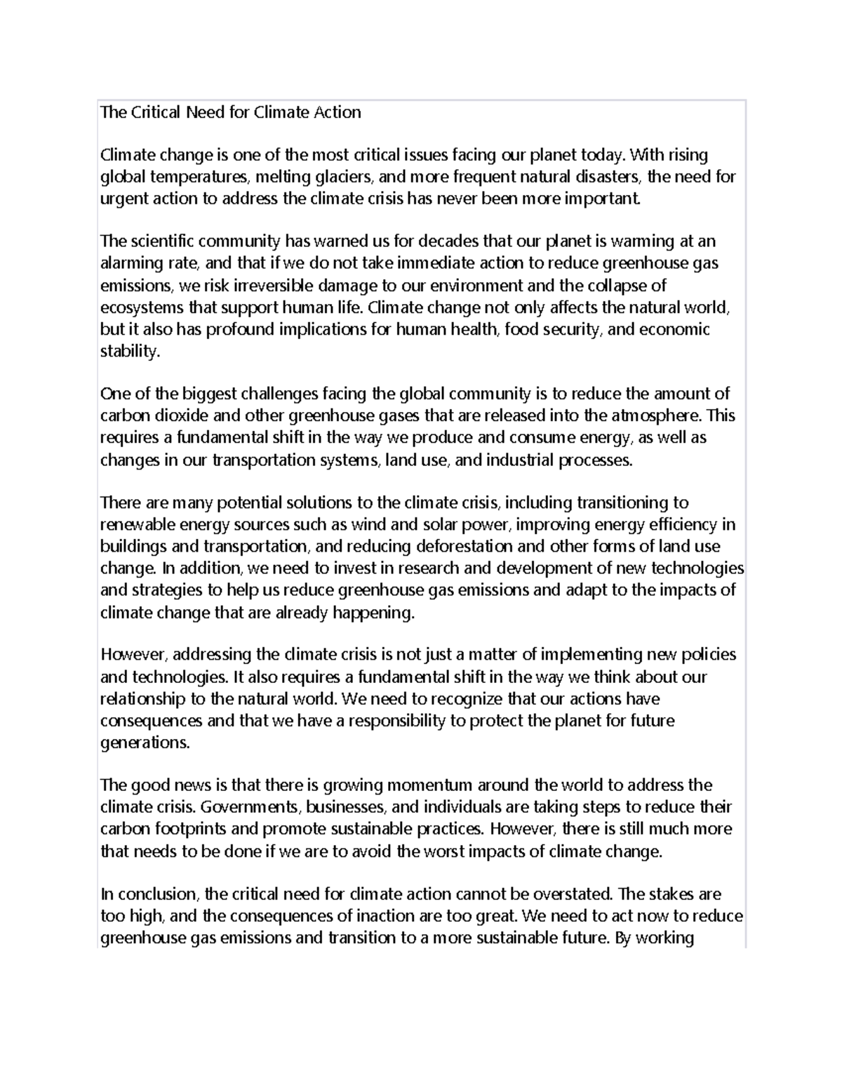 Doc2 - in class assignment/notes - The Critical Need for Climate Action ...