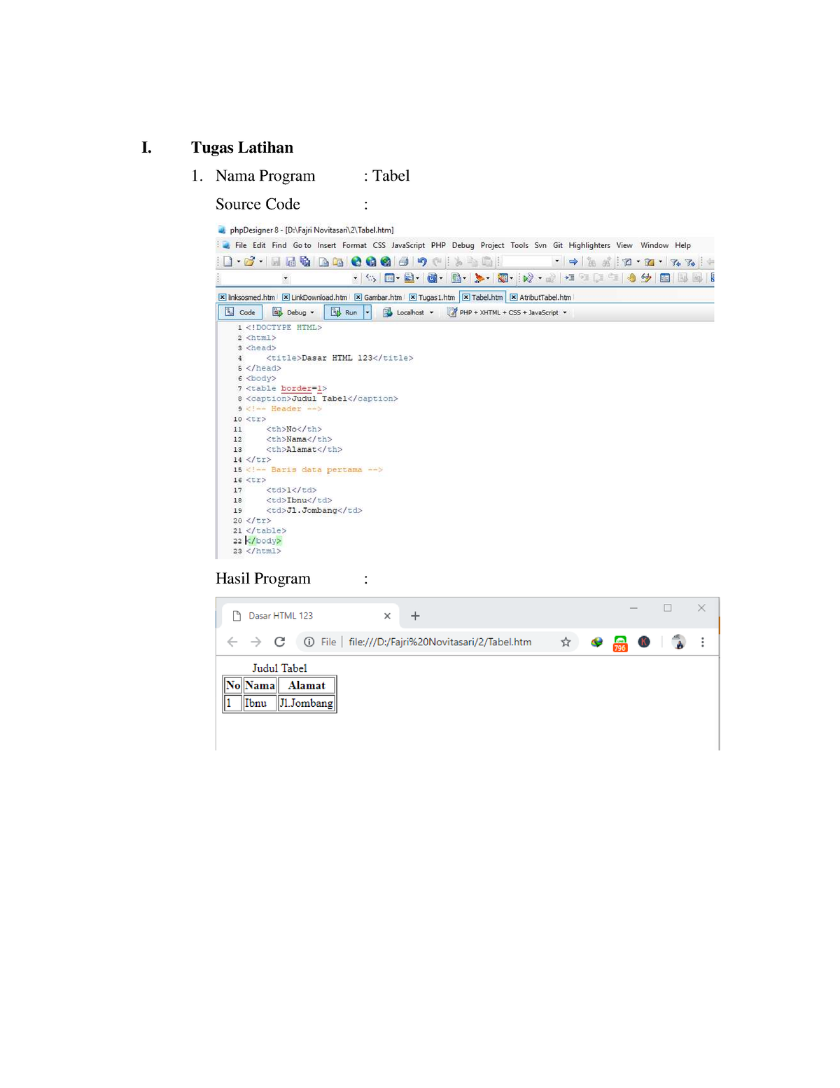 Laporan Pemrograman Web Materi HTML Bagian 2 - I. Tugas Latihan 1. Nama ...