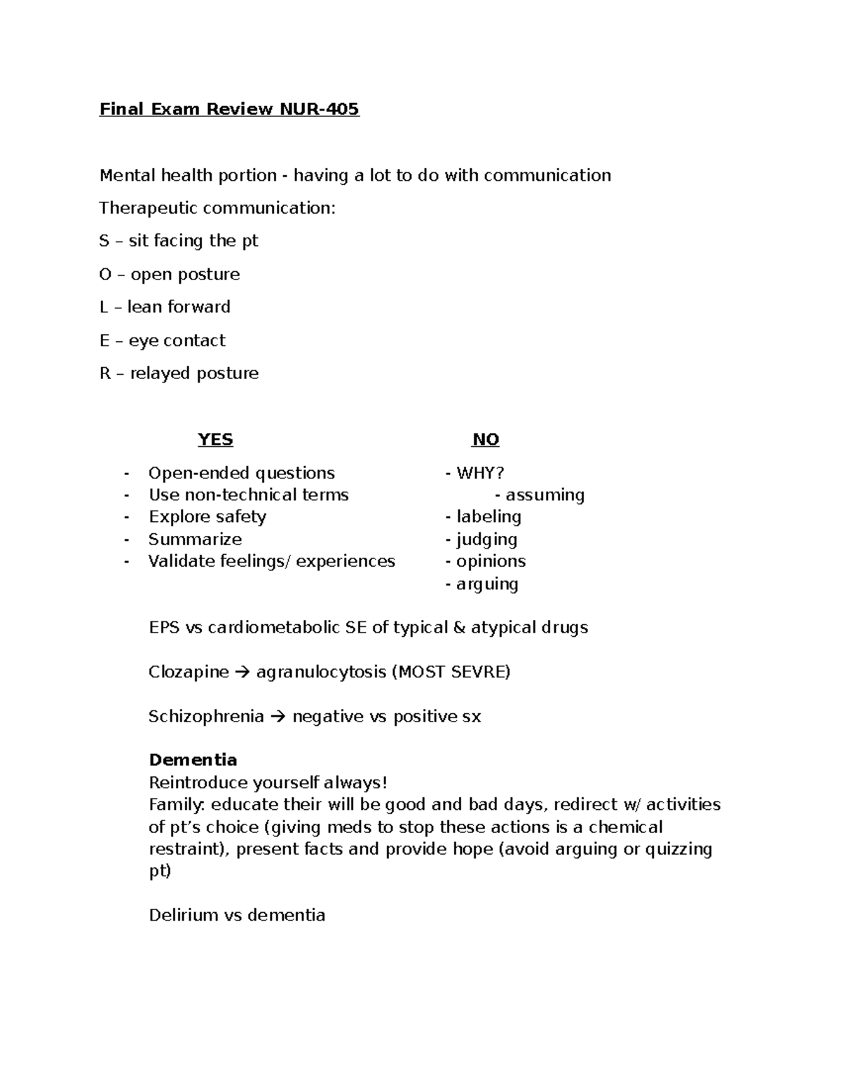 Final Exam Review NUR 405 - Final Exam Review NUR- Mental health ...