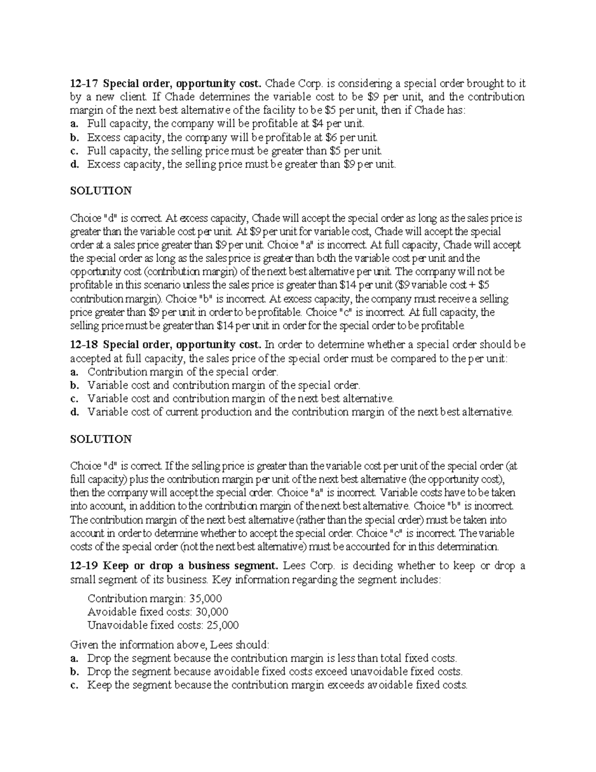 Ch 12 class problems and solutions 12 17 special order opportunity