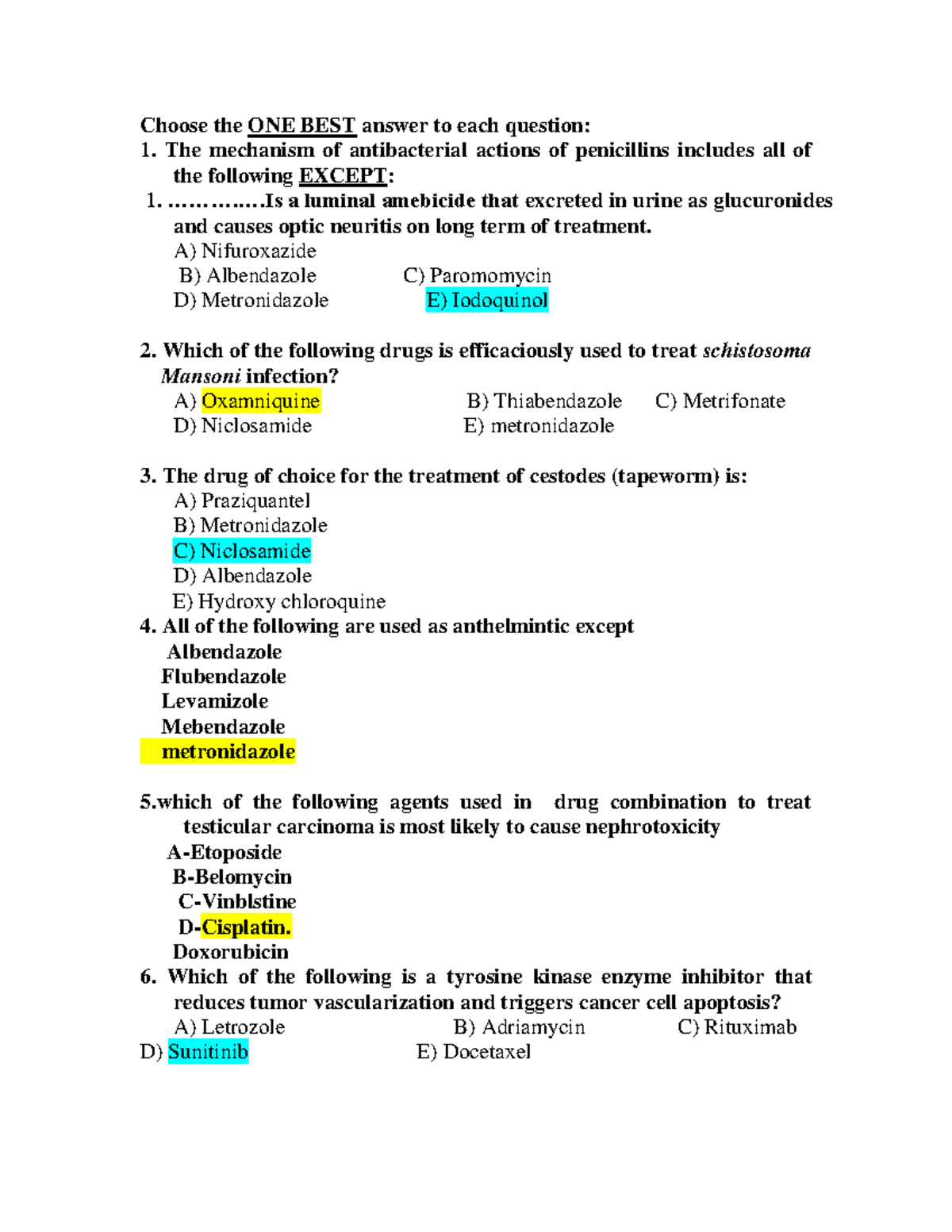 Study+questions - Study+questions - Choose the ONE BEST answer to each ...
