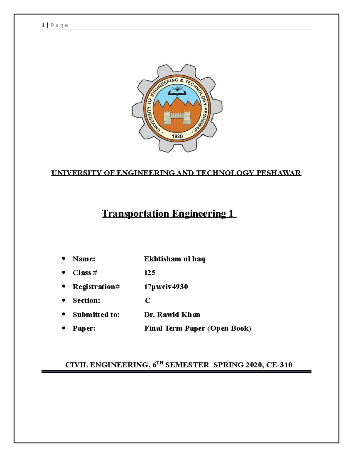 Transportation 1 - Lecture Notes 2 - UNIVERSITY OF ENGINEERING AND ...