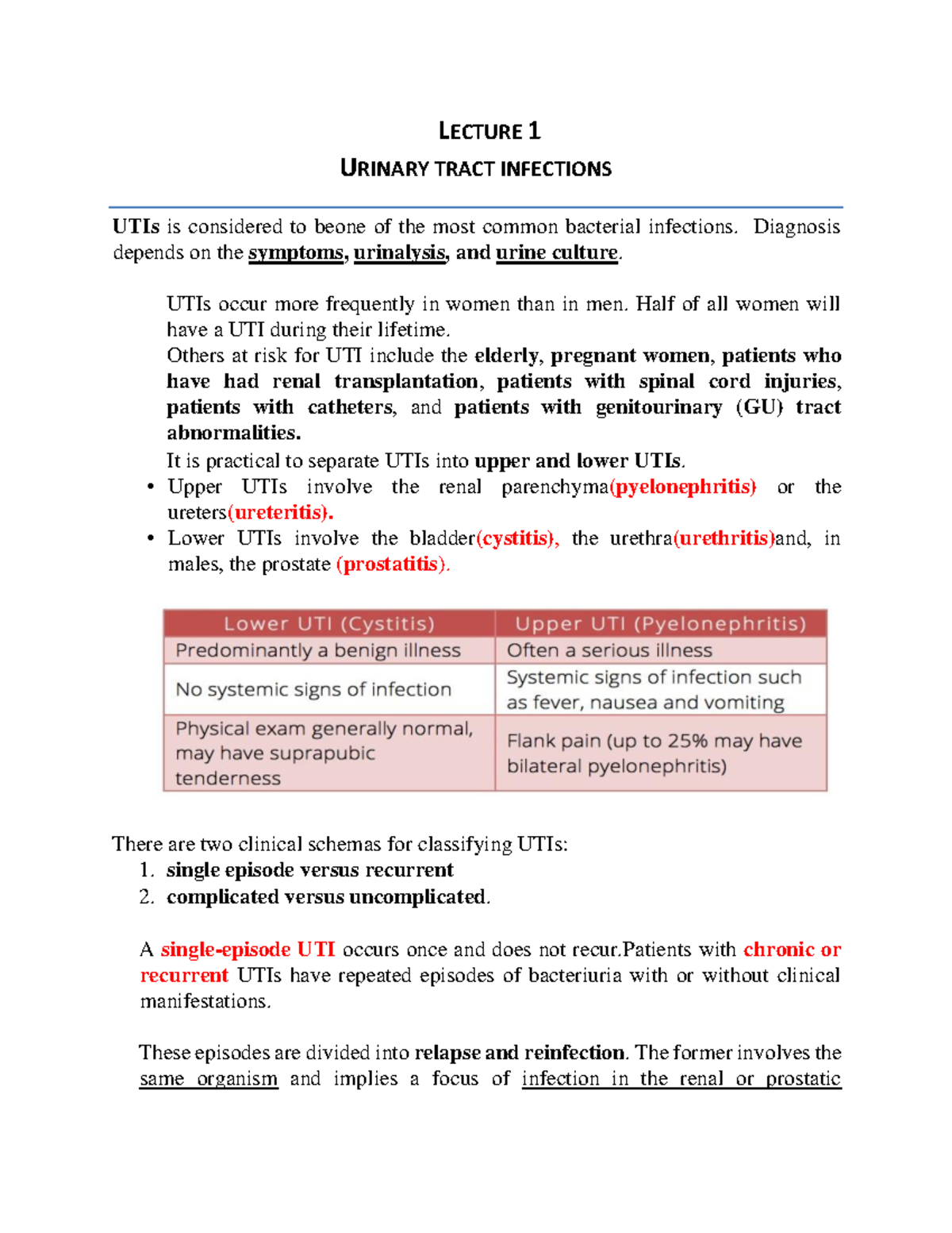 Bacteriology - Urinary Tract Infections - LECTURE 1 URINARY TRACT ...