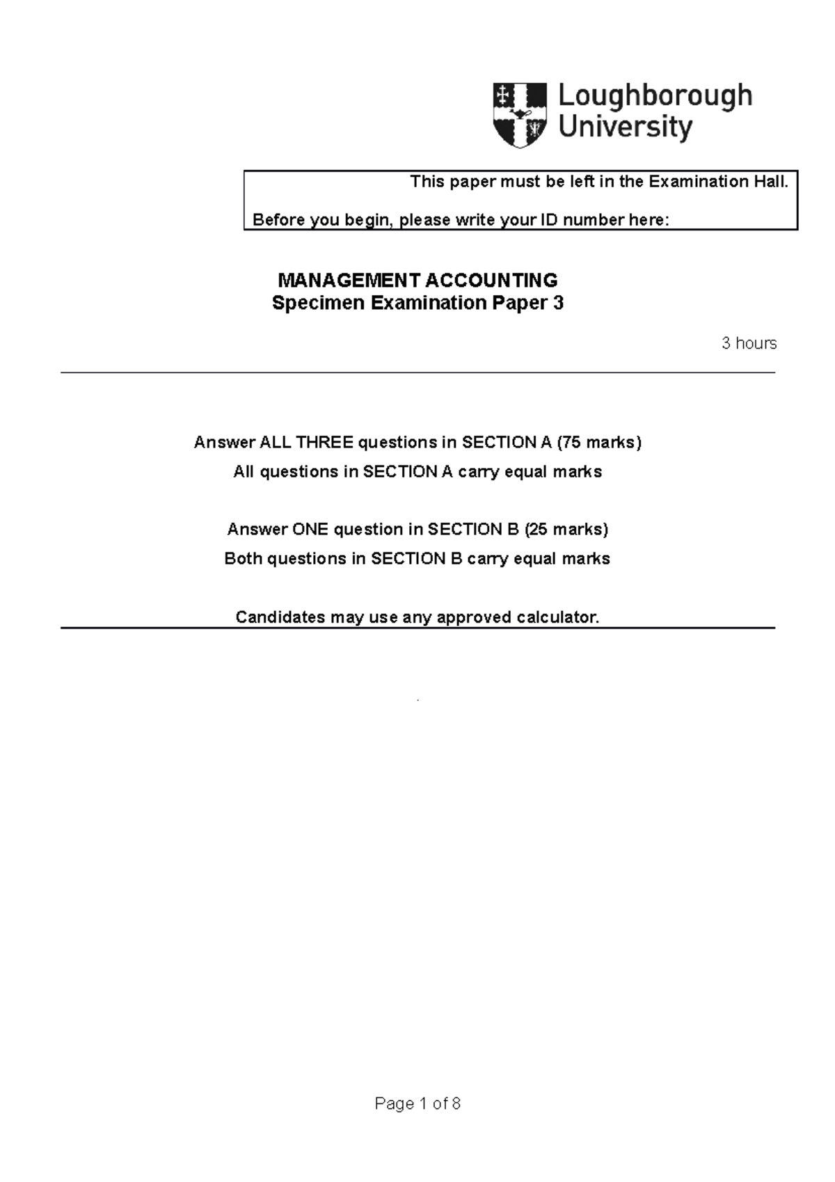 Specimen Examination Paper 3 Learn2 This paper must be left in the