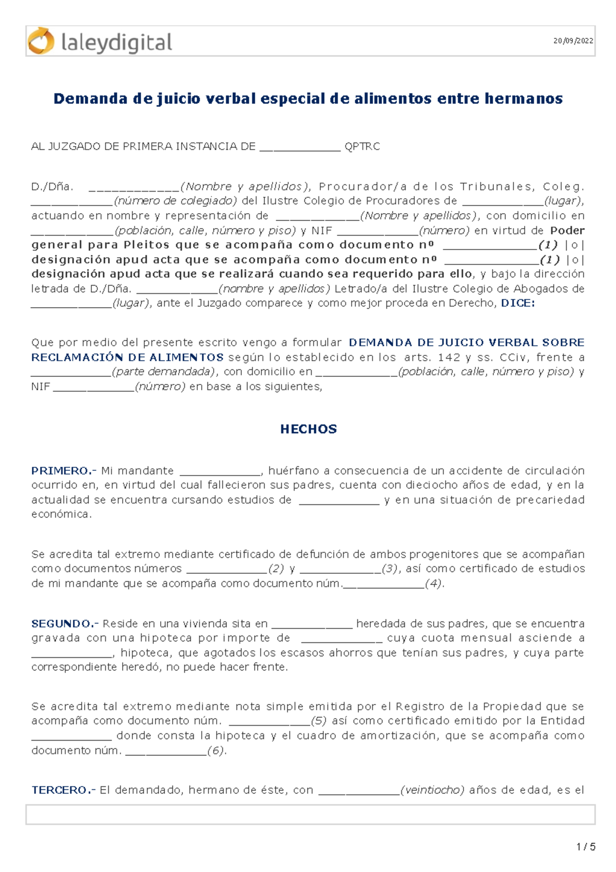 Demanda de juicio verbal especial de alimentos en - /Dña