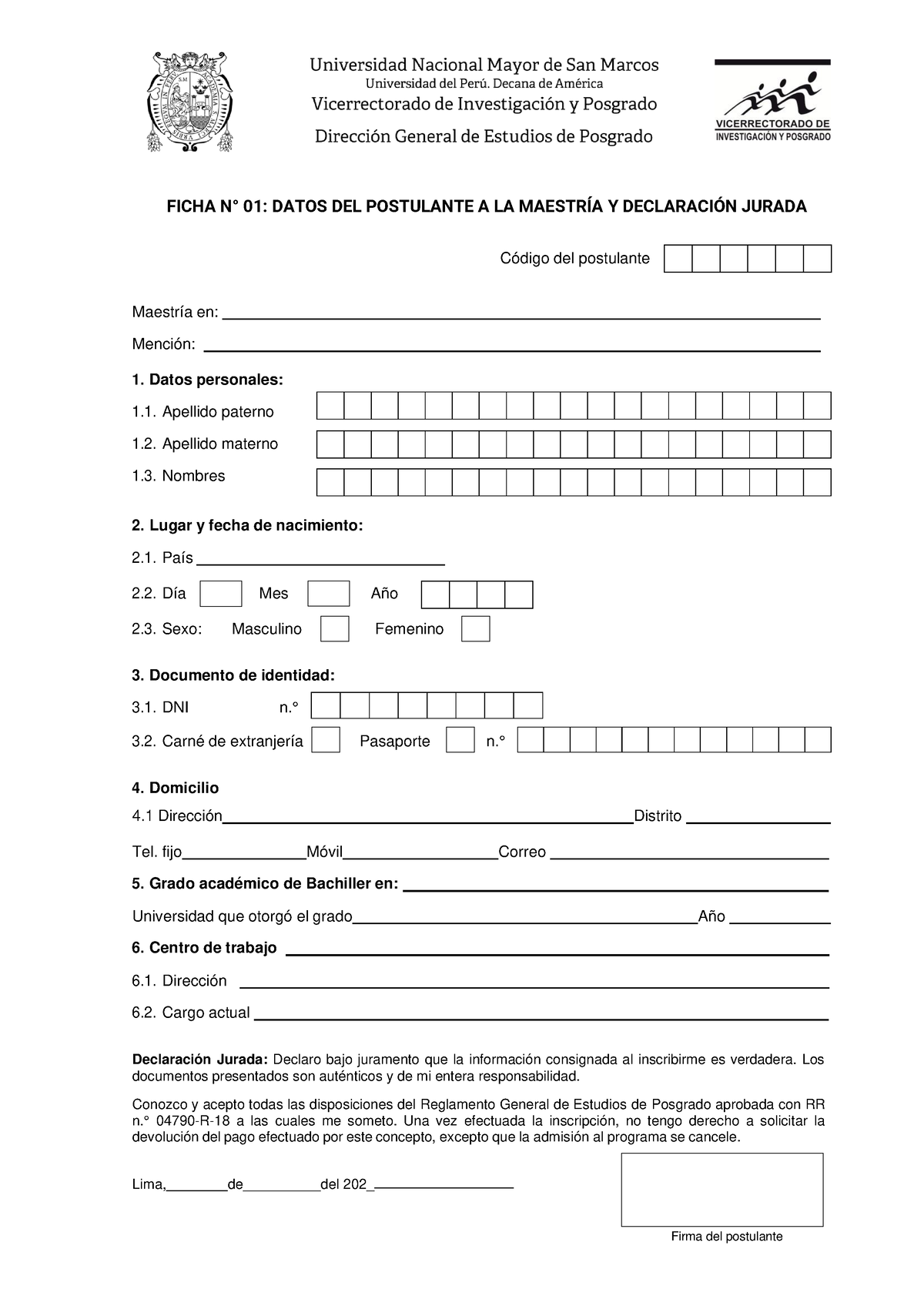 Ficha 1 Maestria Ficha N° 01 Datos Del Postulante A La MaestrÍa Y DeclaraciÓn Jurada Código 9288