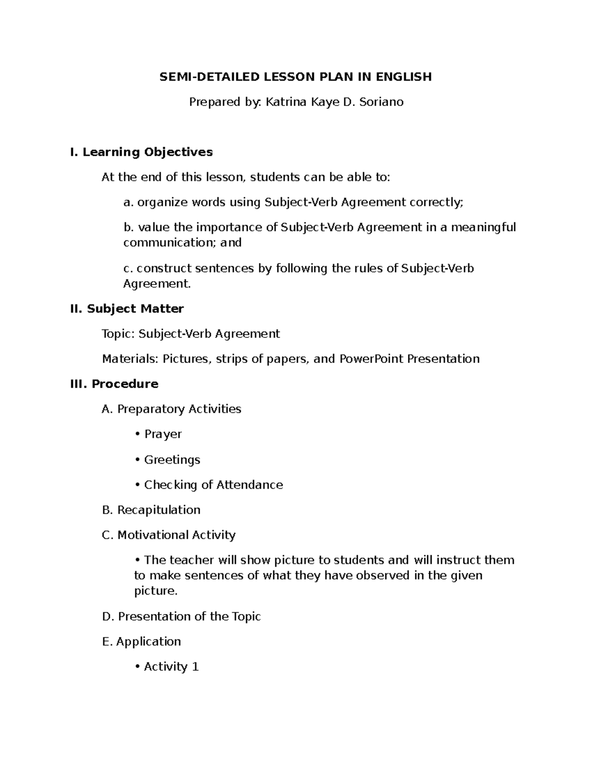 Subject-VERB Agreement Semi Detailed Lesson Plan - SEMI-DETAILED LESSON ...