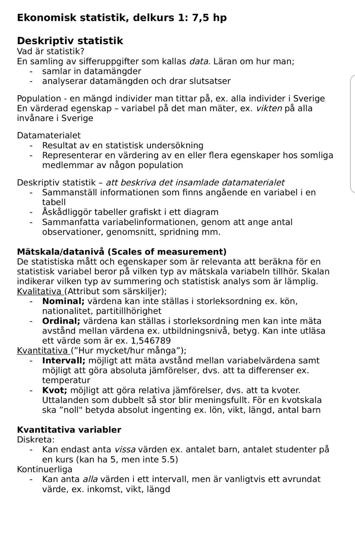 Statistik Sammanfattning 2 - Ekonomisk Statistik, Delkurs 1: 7,5 Hp ...