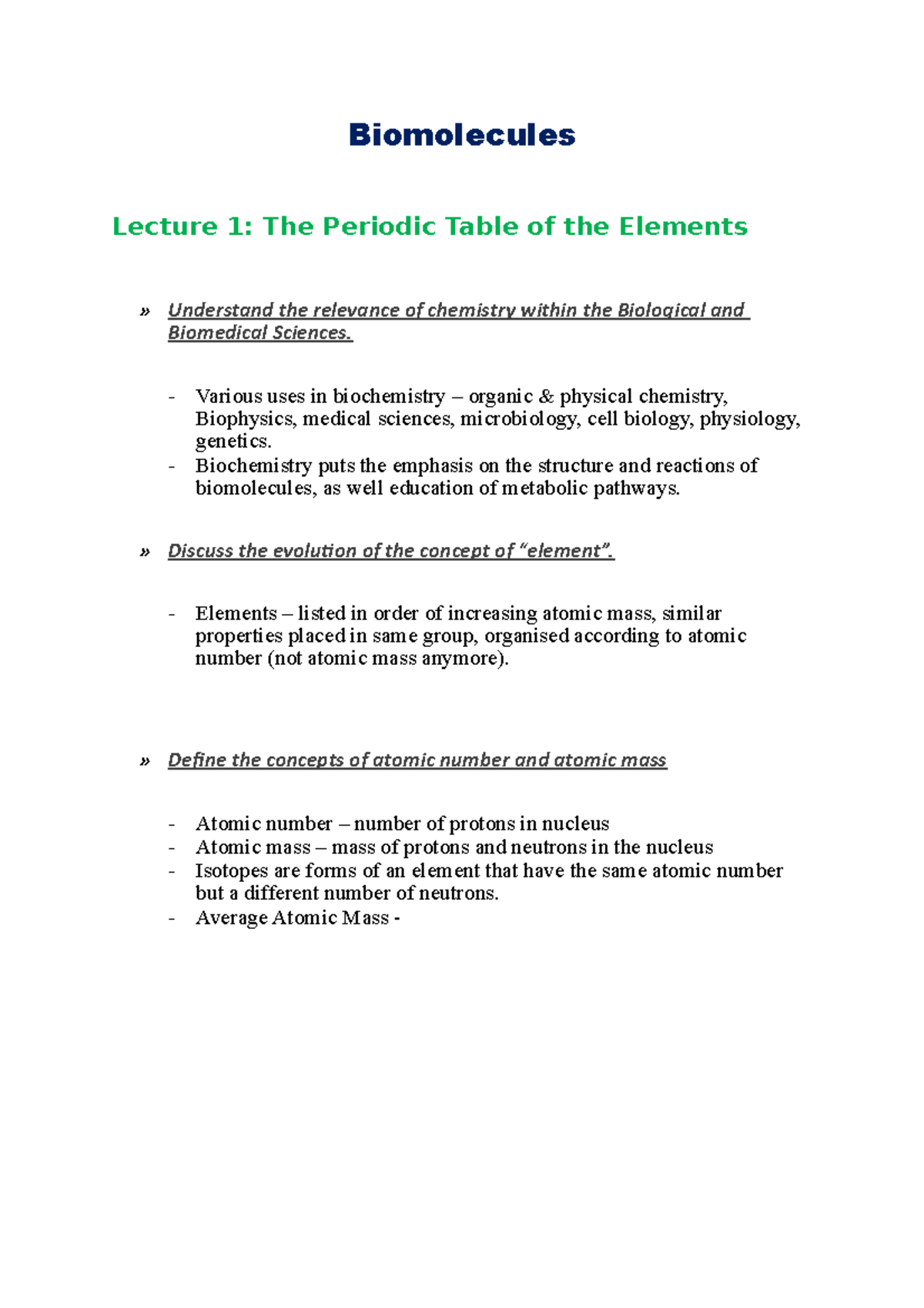 Biomolecules summary of a few slides of lecture 1 Biomolecules