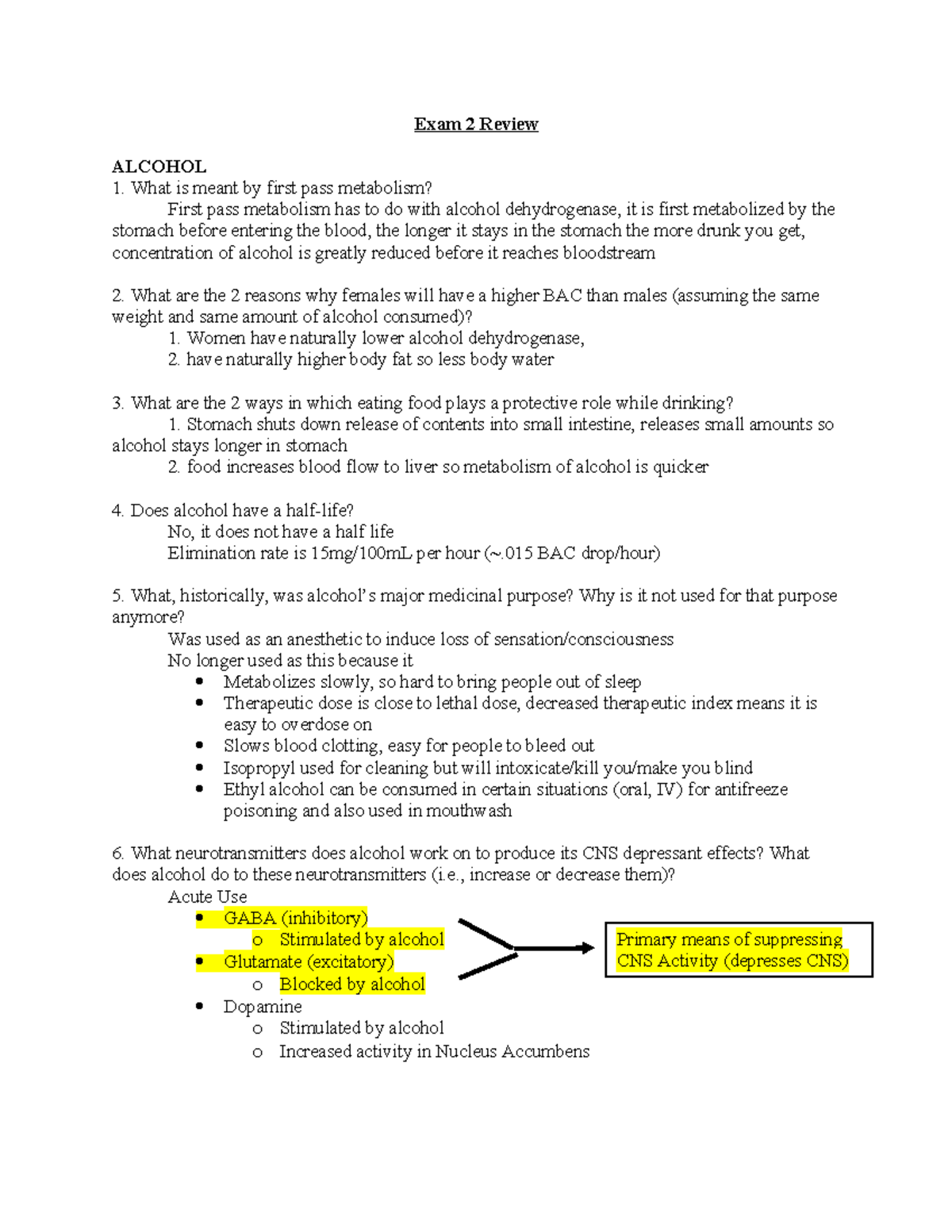 Exam 2 Review Questions - Exam 2 Review ALCOHOL What is meant by first ...