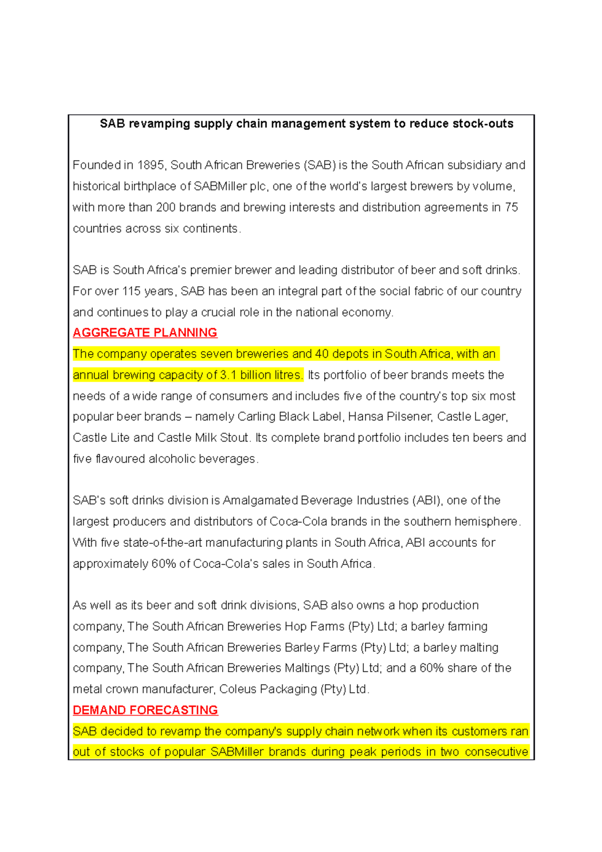MAN 233 Hand in tutorial one SAB revamping supply chain management system to reduce stockouts