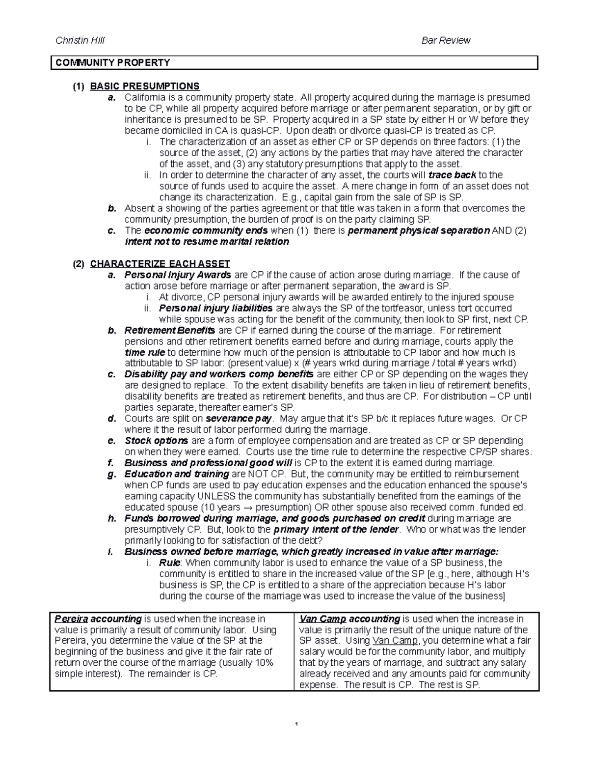 CP Outline Stanford COMMUNITY PROPERTY (1) BASIC PRESUMPTIONS a