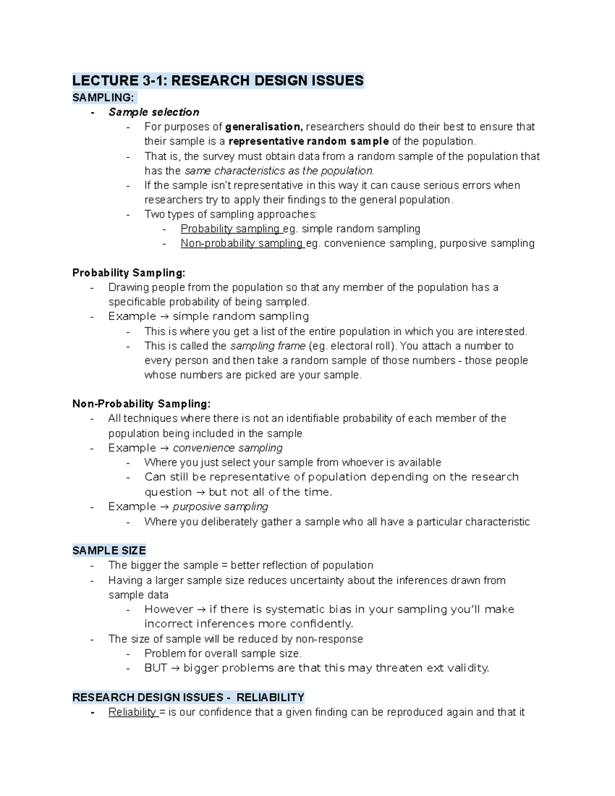 Week 3 - lecture notes - LECTURE 3-1: RESEARCH DESIGN ISSUES SAMPLING ...