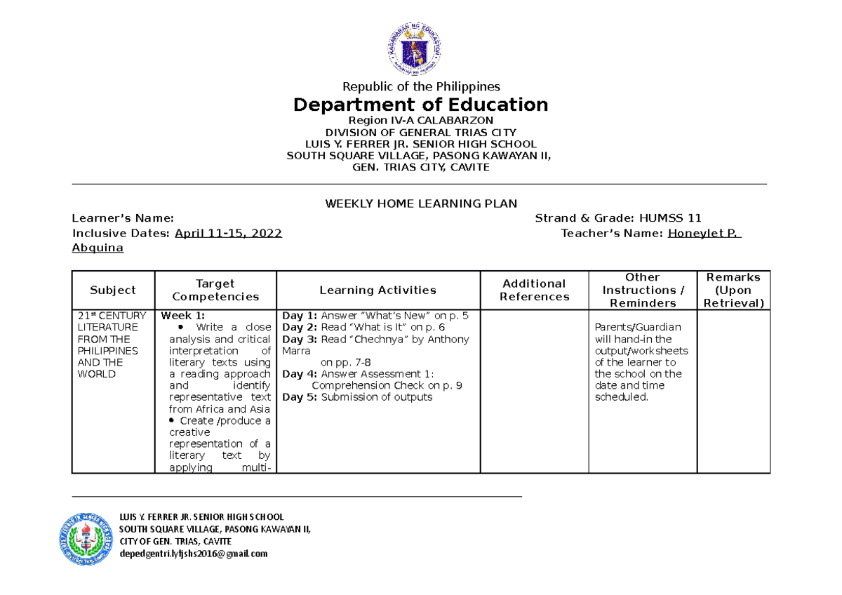 WHLP Q2W1 21st Century - Republic of the Philippines Department of ...