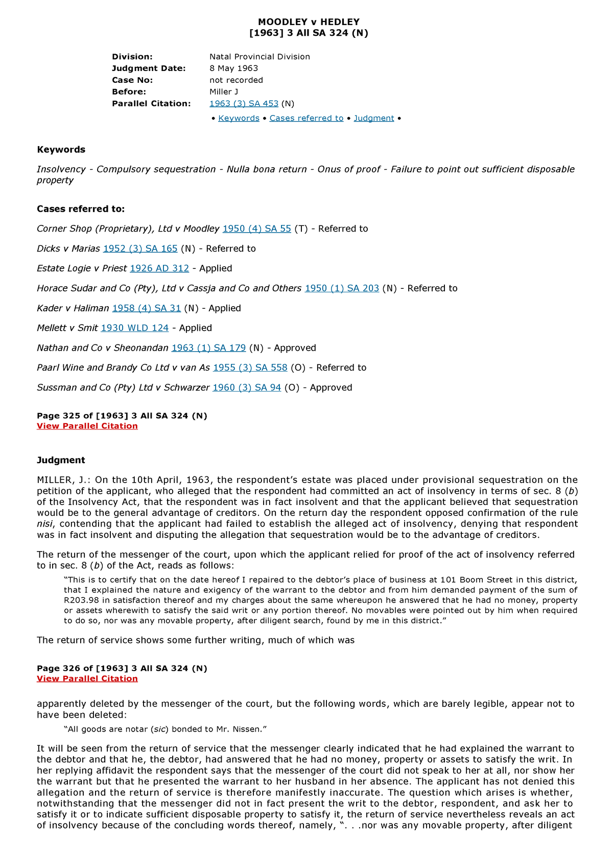 Medley v Hedley- case 5 - summary - MOODLEY v HEDLEY [1963] 3 All SA ...