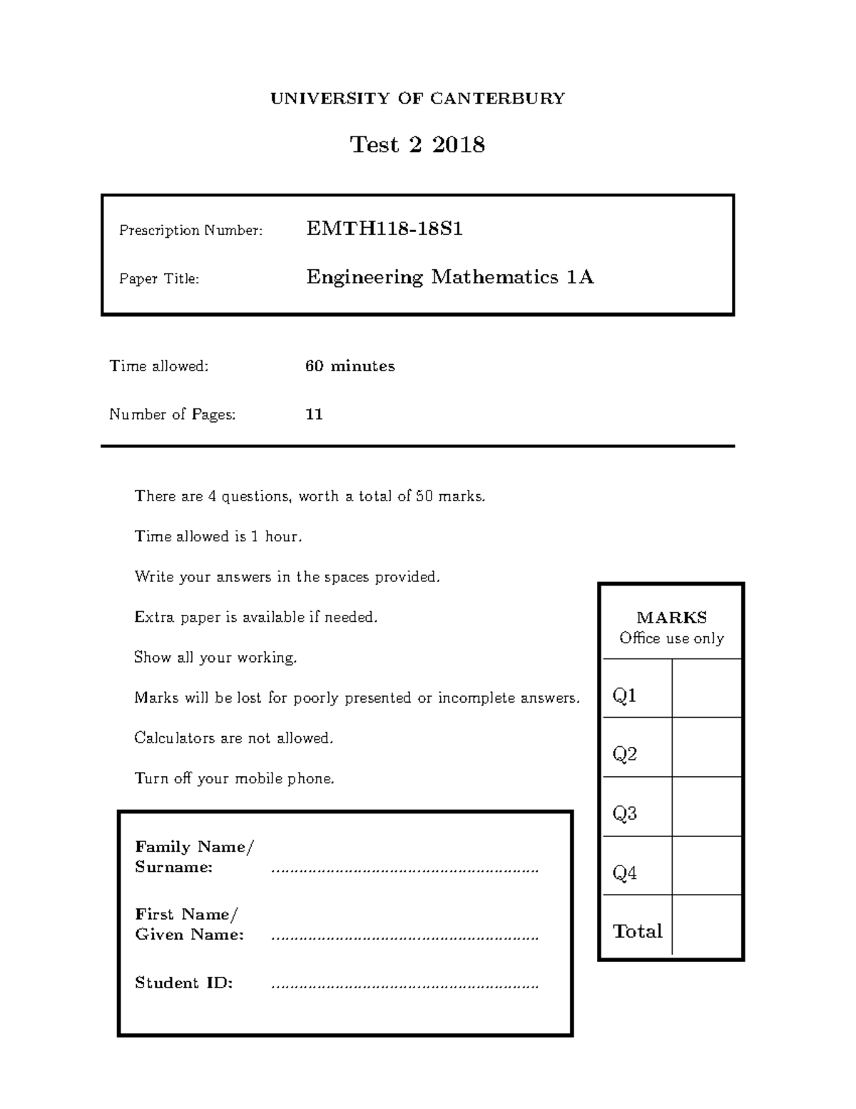 EMTH118 18S1 Test 2 Final UNIVERSITY OF CANTERBURY Test 2 2018