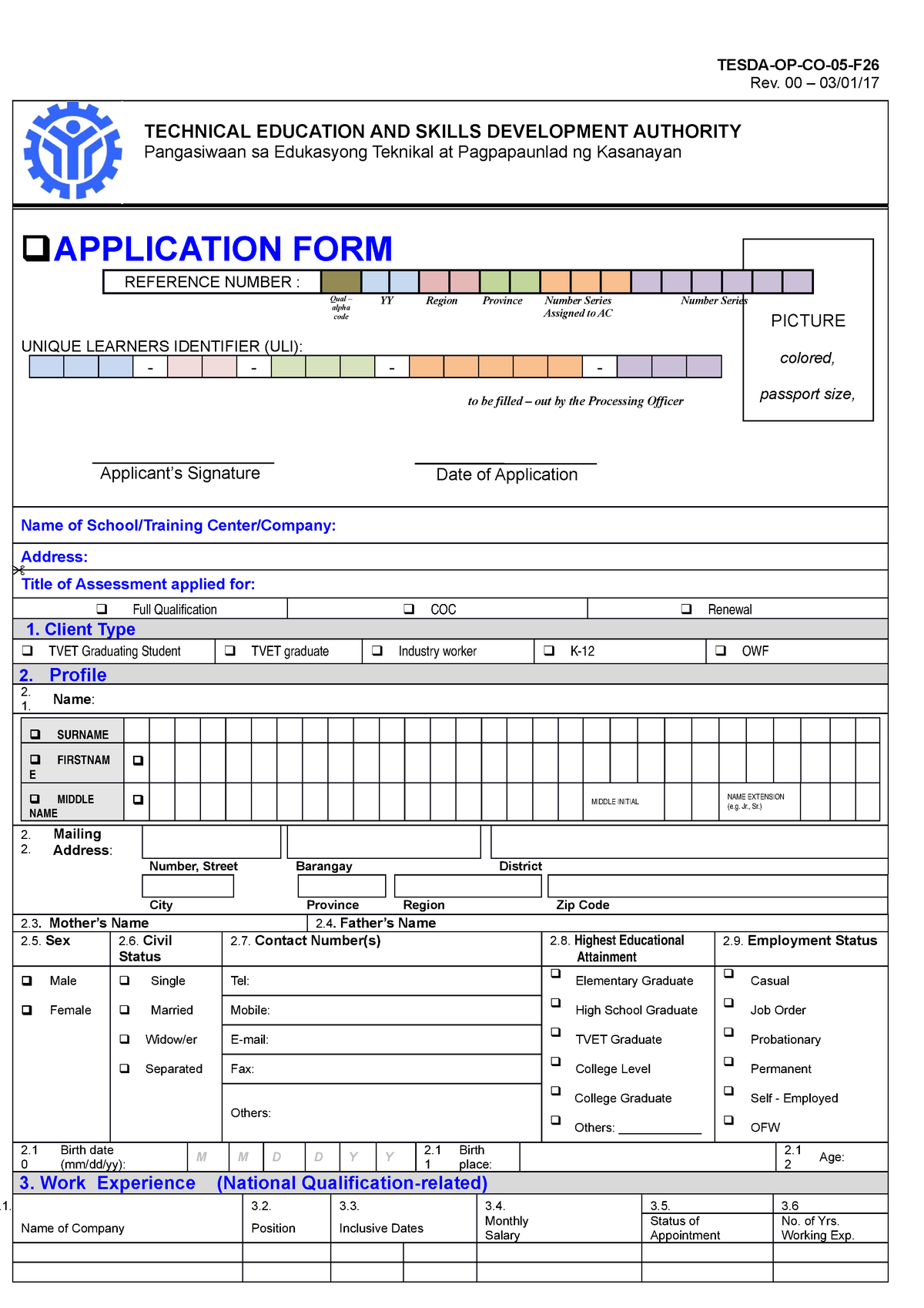 Tesda OP CO 05 Competency Assessment Forms Rev 00 03 01 TECHNICAL 