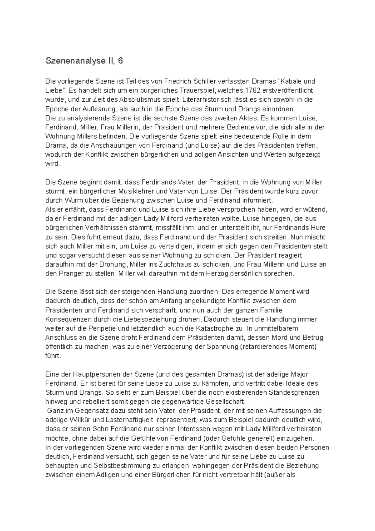 Szenenanalyse Kabale Und Liebe Akt 3 Szene 1 Kabale und Liebe II, 6 Analyse - Szenenanalyse II, 6 Die vorliegende