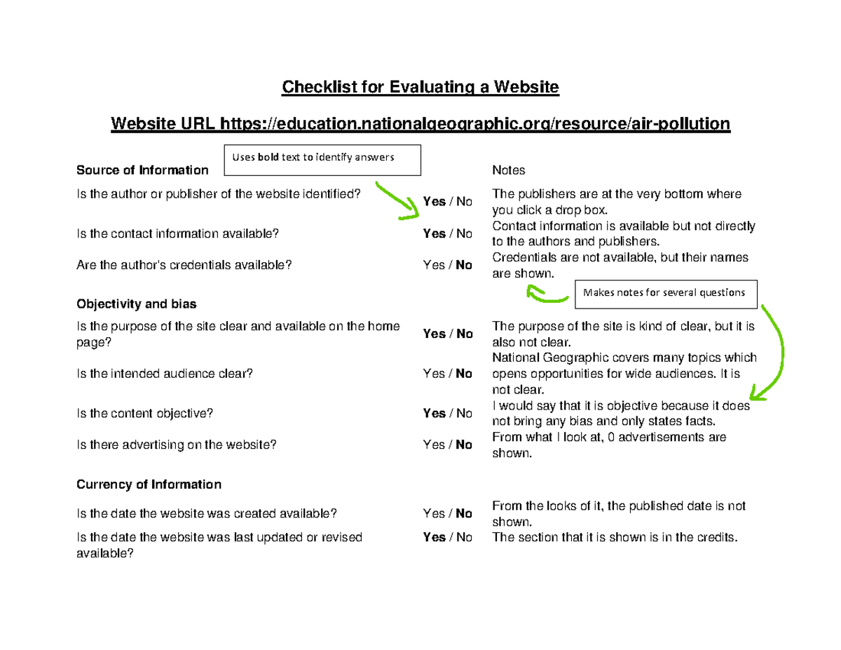 U1A6 - Evaluating a Source 2 - Checklist for Evaluating a Website ...