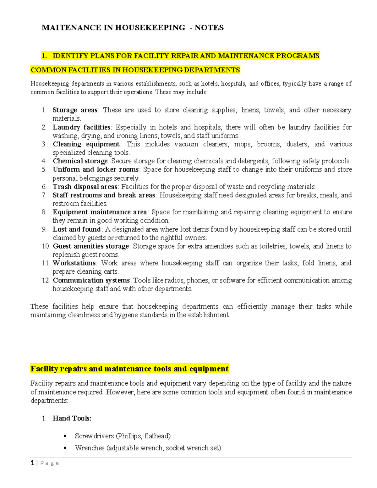 Common Facilities IN Housekeeping Departments - MAITENANCE IN ...