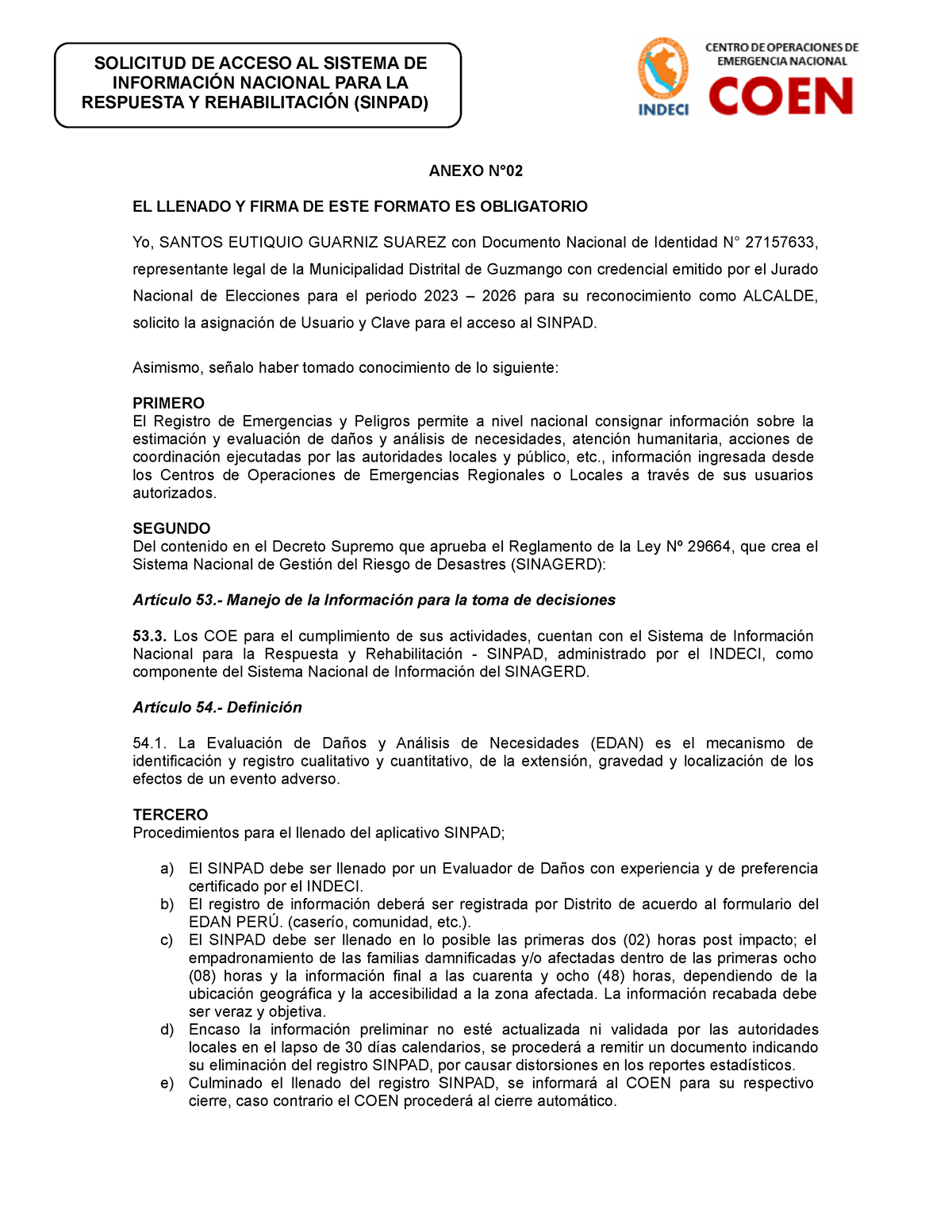 Formato Editable DE Solicitud Sinpad ANEXO N° EL LLENADO Y FIRMA DE