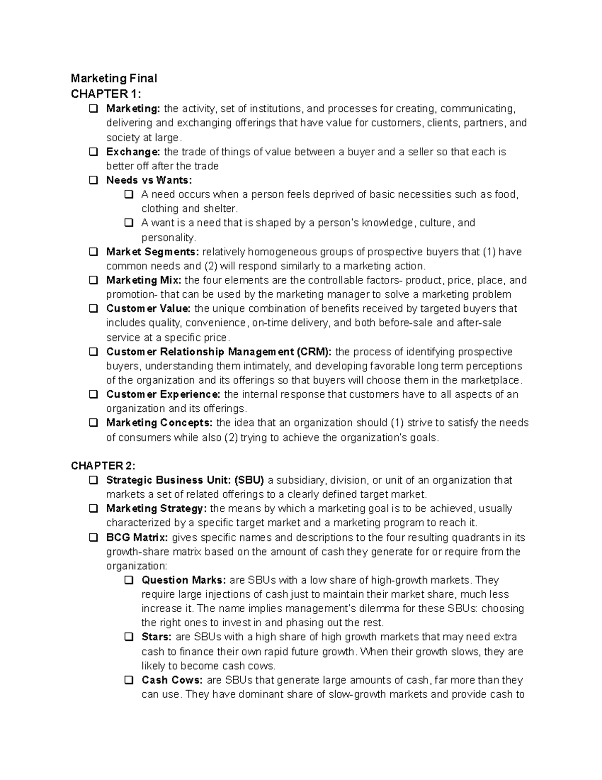 Marketing Final Study Guide - Marketing Final CHAPTER 1: Marketing: the ...