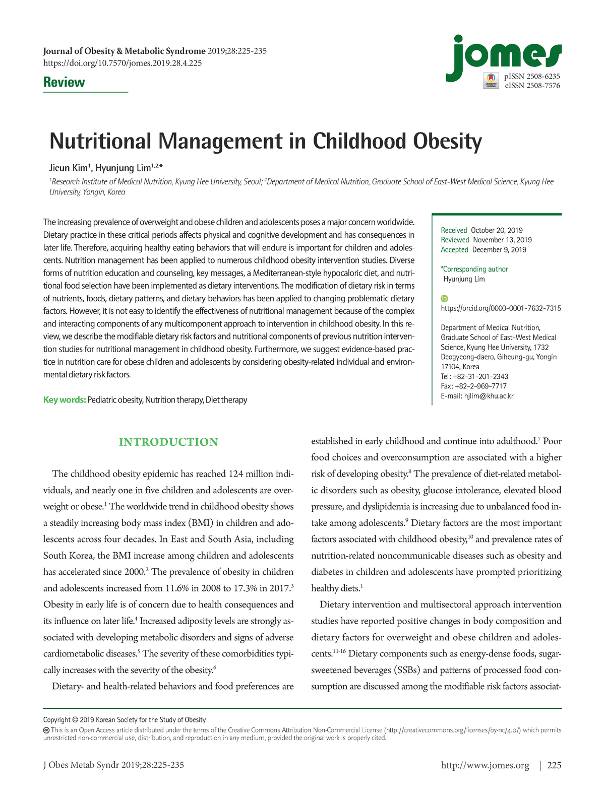 Childhood obesity dietary management review 2019 - J Obes Metab Syndr ...