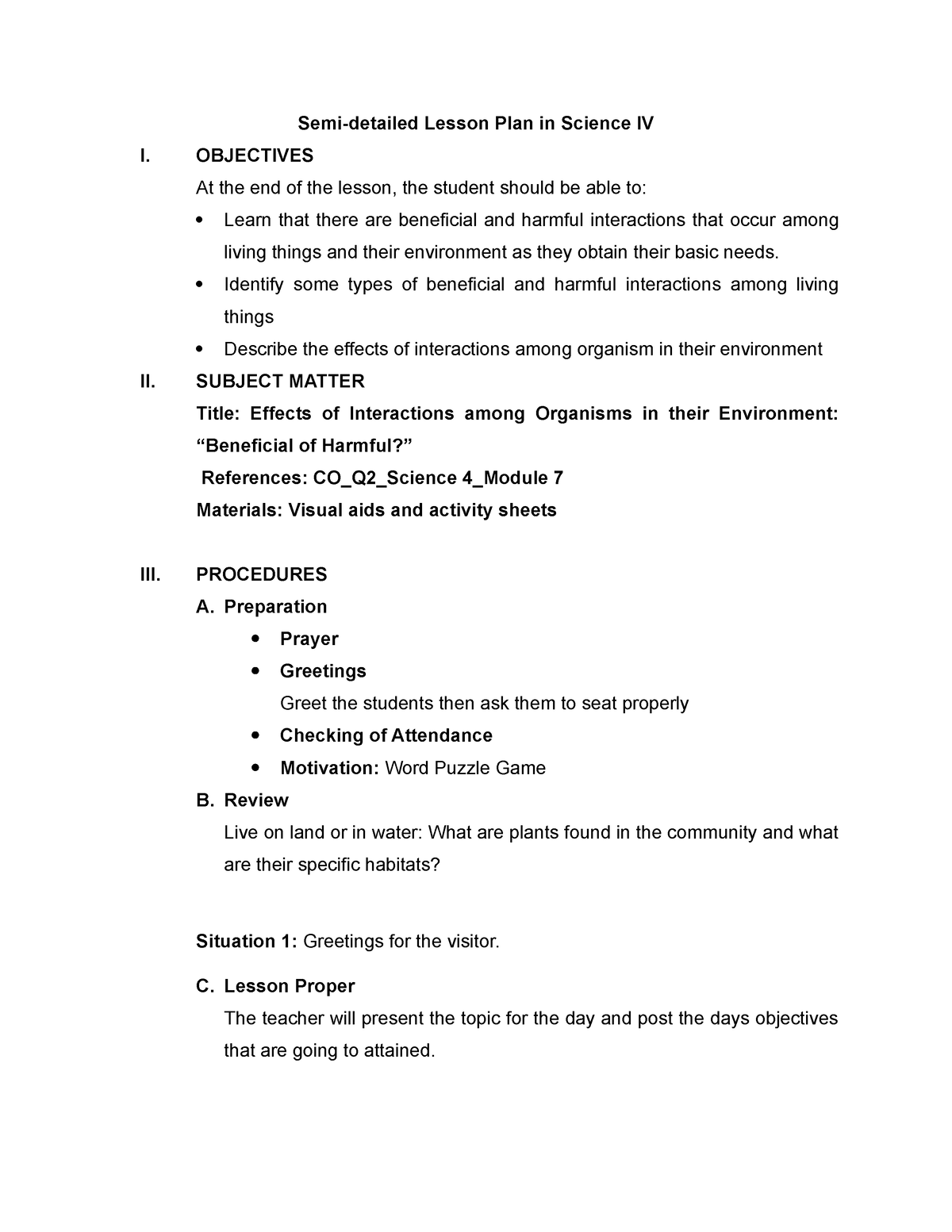 Semi detailed Lesson Plan In Grade 4 Science Semi detailed Lesson 