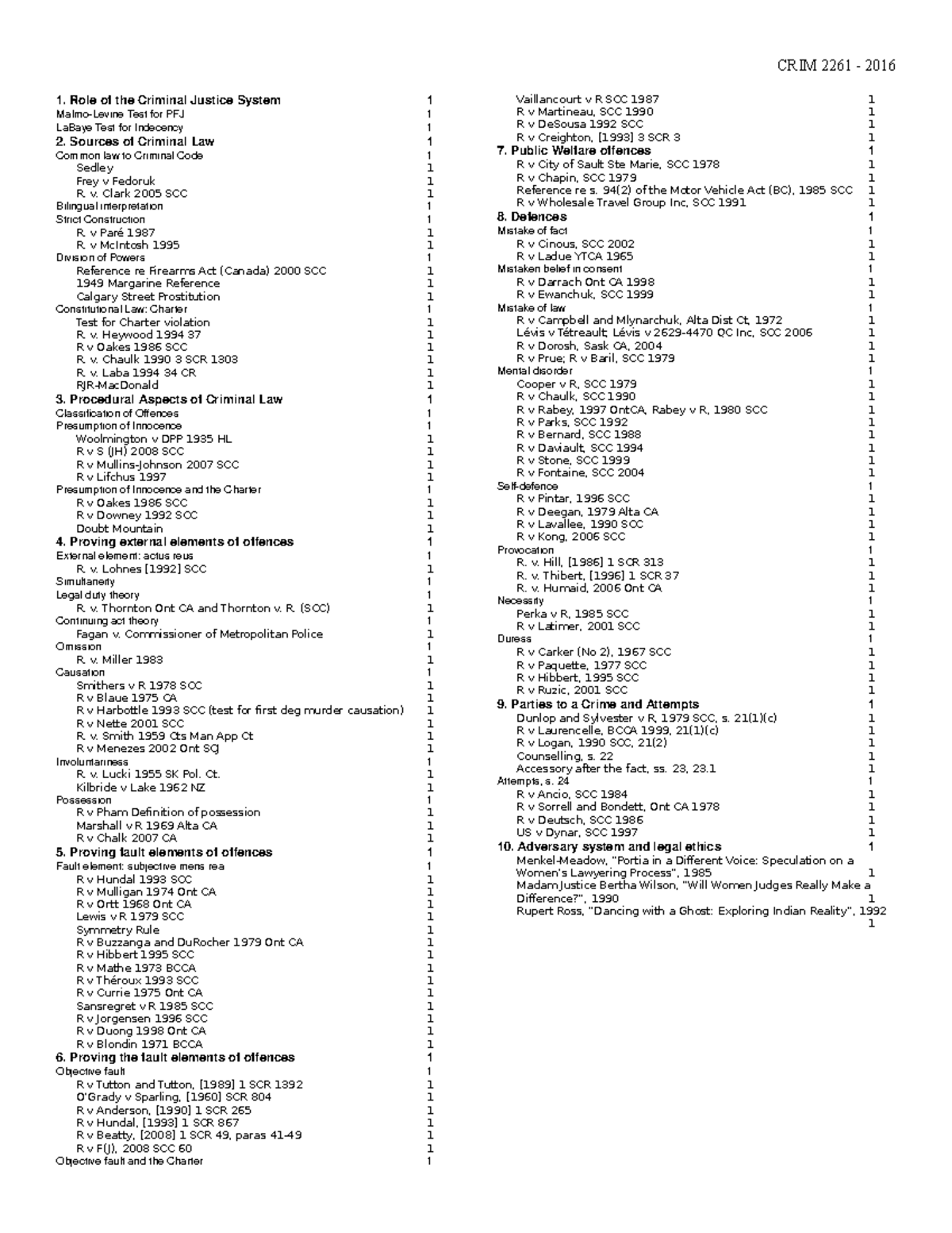 CRIM2261 - 2016 - Summary Criminal Law - CRIM 2261 2016 1. Role of the ...