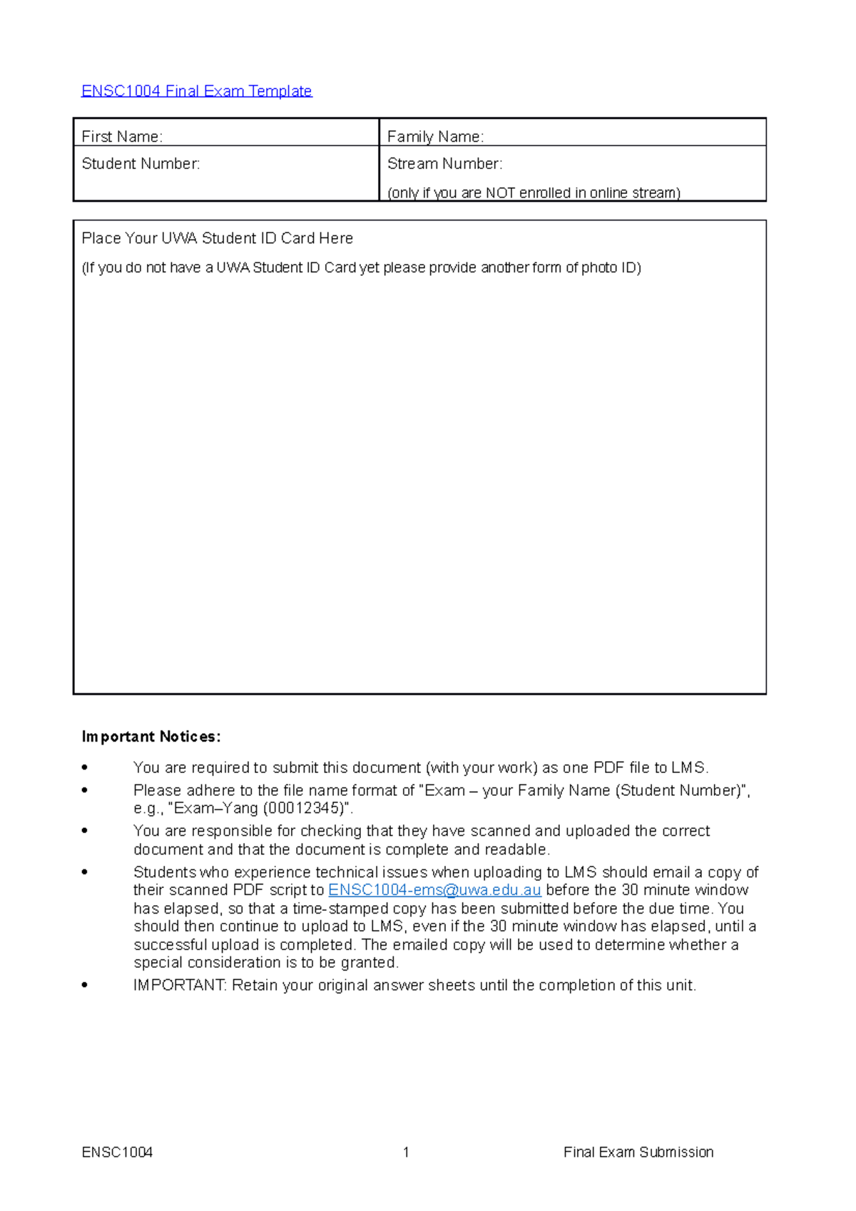 Final Exam Template - qdd - ENSC1004 Final Exam Template First Name ...