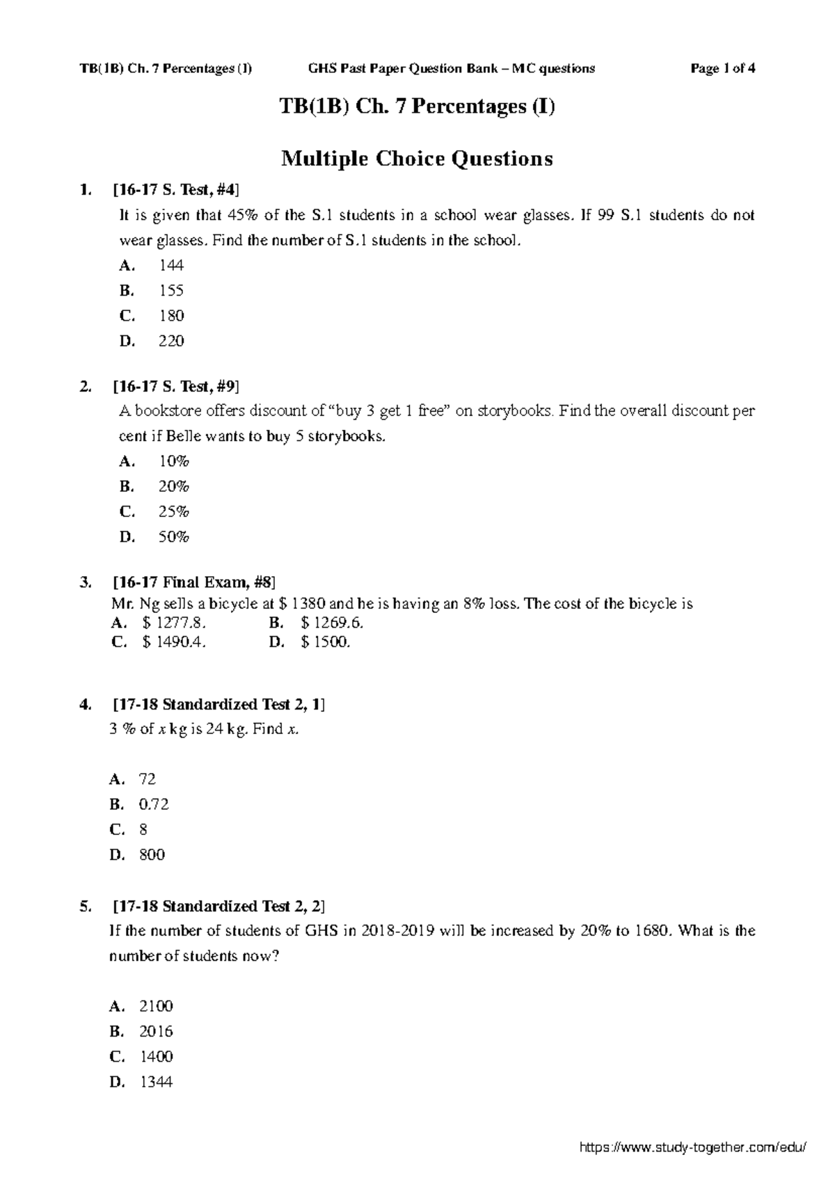 GoodHopeSchool 16211BCh TB(1B) Ch. 7 Percentages (I) Multiple