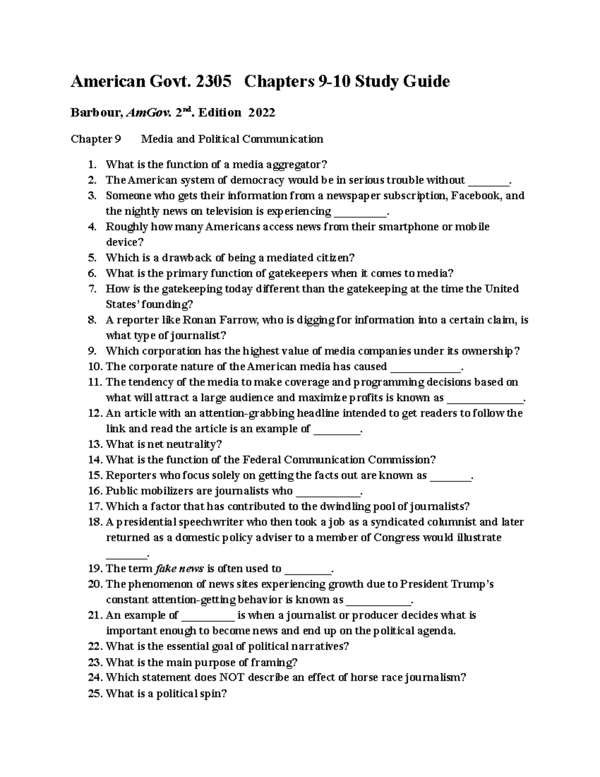 Amer Govt 2305 Chs. 9-10 Study Guide - American Govt. 2305 Chapters 9 ...