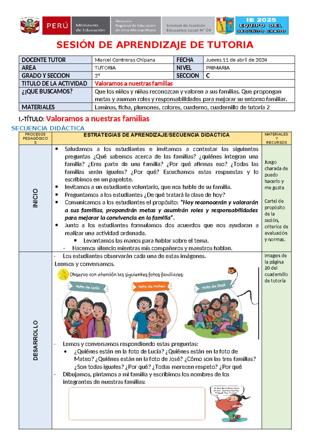 Sesion Tutoria - Valoramos A Nuestras Familias - SESIÓN DE APRENDIZAJE ...