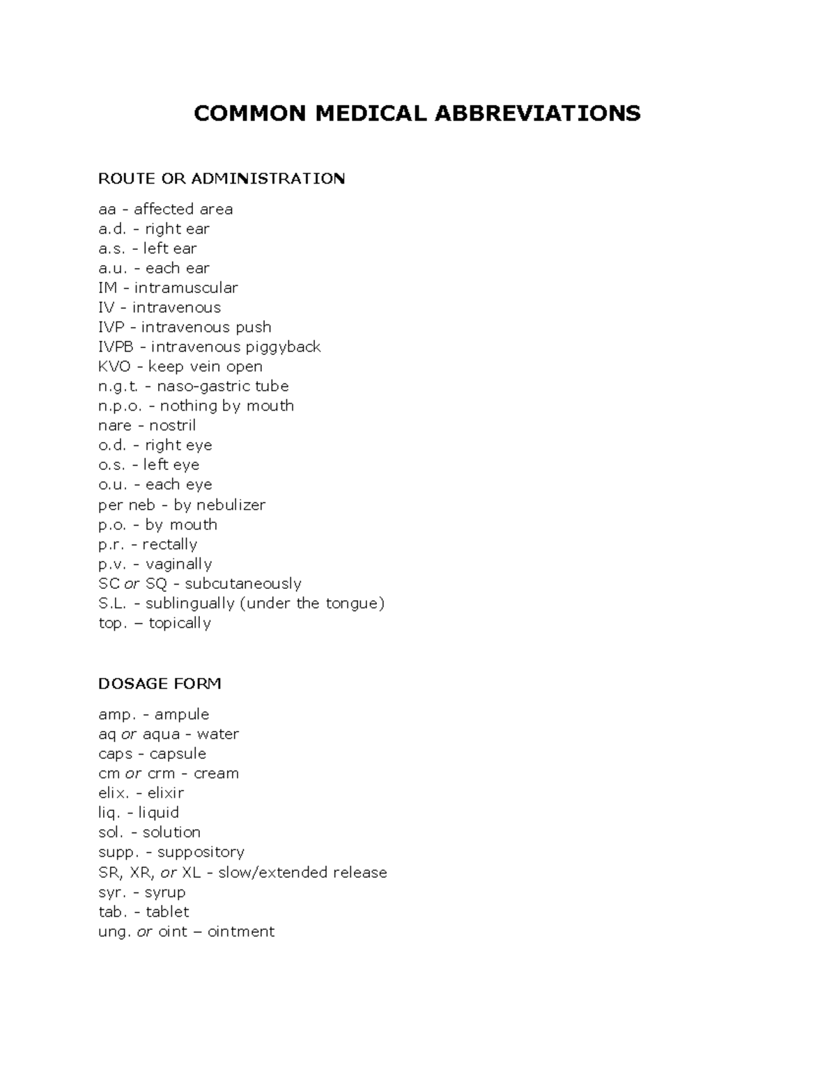 Common-Medical-Abbreviations - COMMON MEDICAL ABBREVIATIONS ROUTE OR ...