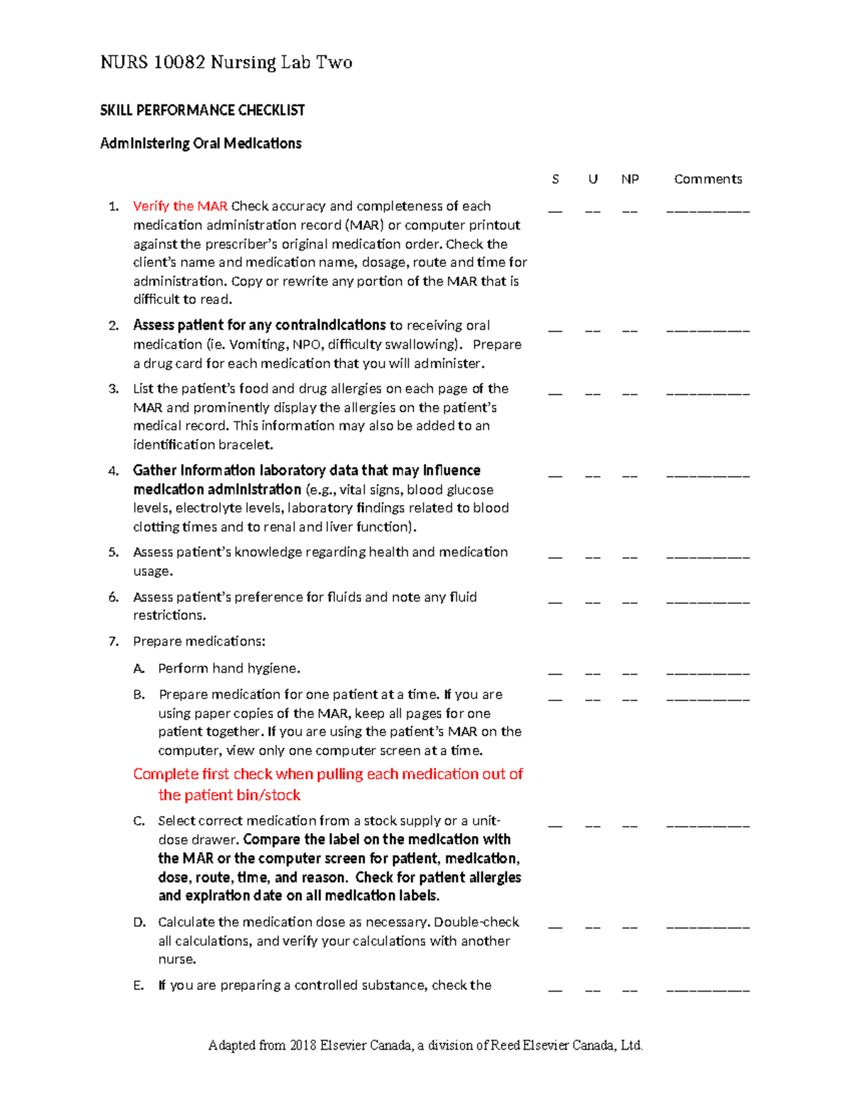 Administering Oral Medications W2020 NURS 10082 Nursing Lab Two SKILL