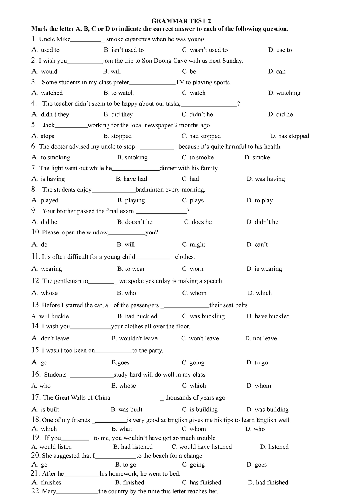 Grammar TEST 2 - đề Luyện Tập Tiếng Anh - GRAMMAR TEST 2 Mark The ...