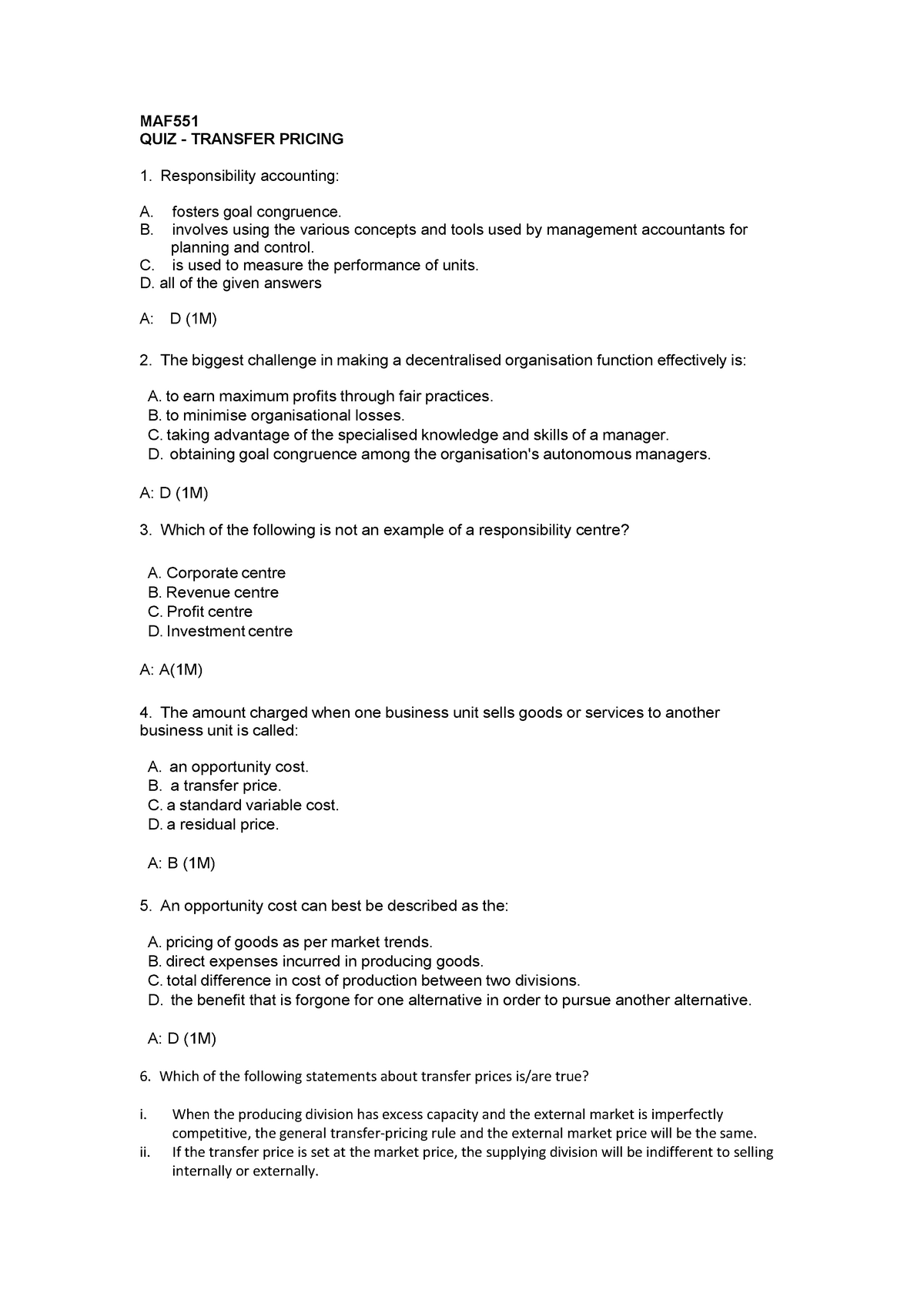 MAF551 QUIZ Transfer Pricing - MAF QUIZ - TRANSFER PRICING ...