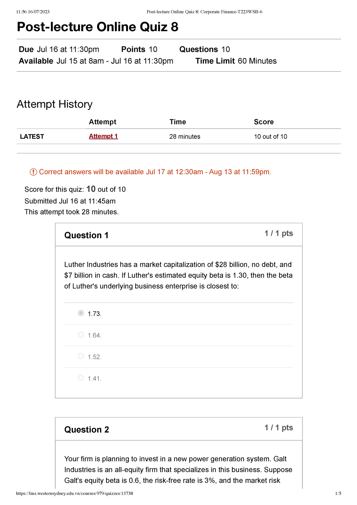 Post Lecture Online Quiz 8 Corporate Finance T223wsb 6 Post Lecture