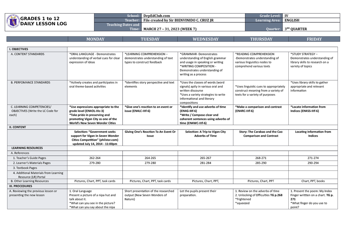 DLL English 4 Q3 W7 - sfdfdfd - GRADES 1 to 12 DAILY LESSON LOG School ...