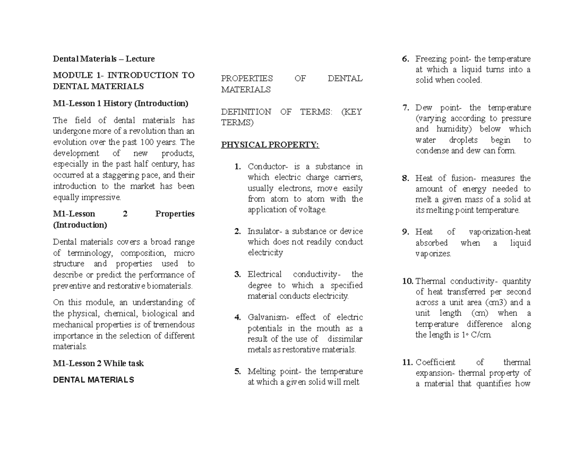 Dental Materials Lecture and Laboratory Dental Materials Lecture