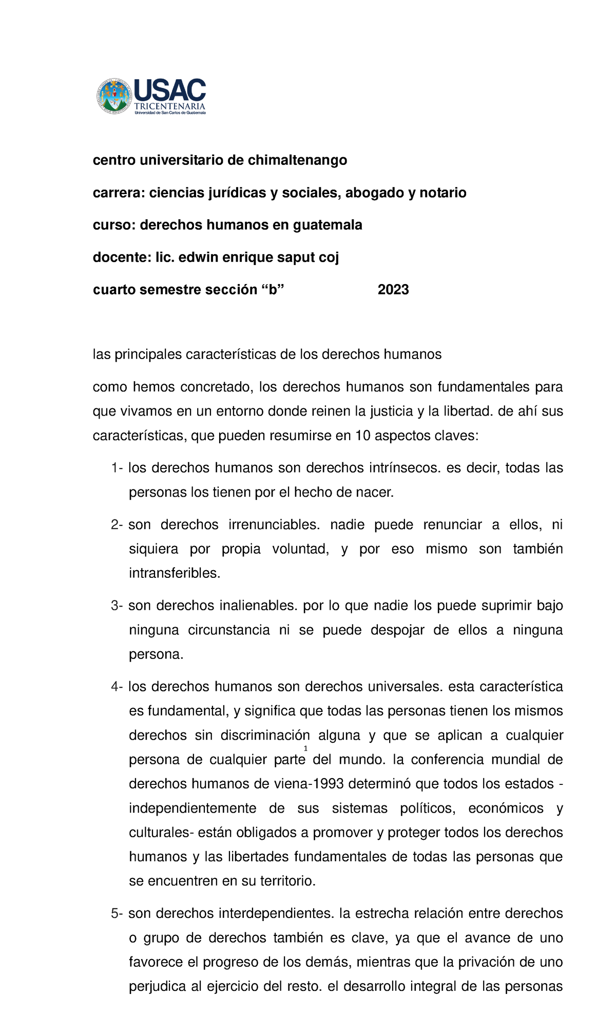Derechos Humanos seccion B 2o doc - 1 centro universitario de ...