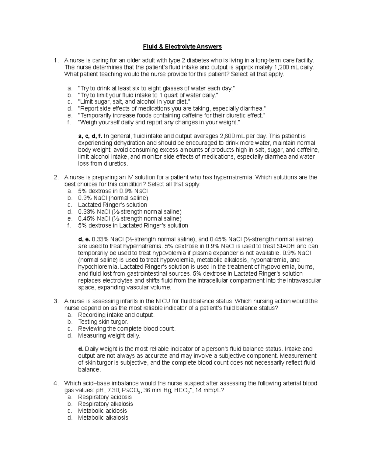 Fluid & Electrolyte Questions And Answers - Fluid & Electrolyte Answers ...