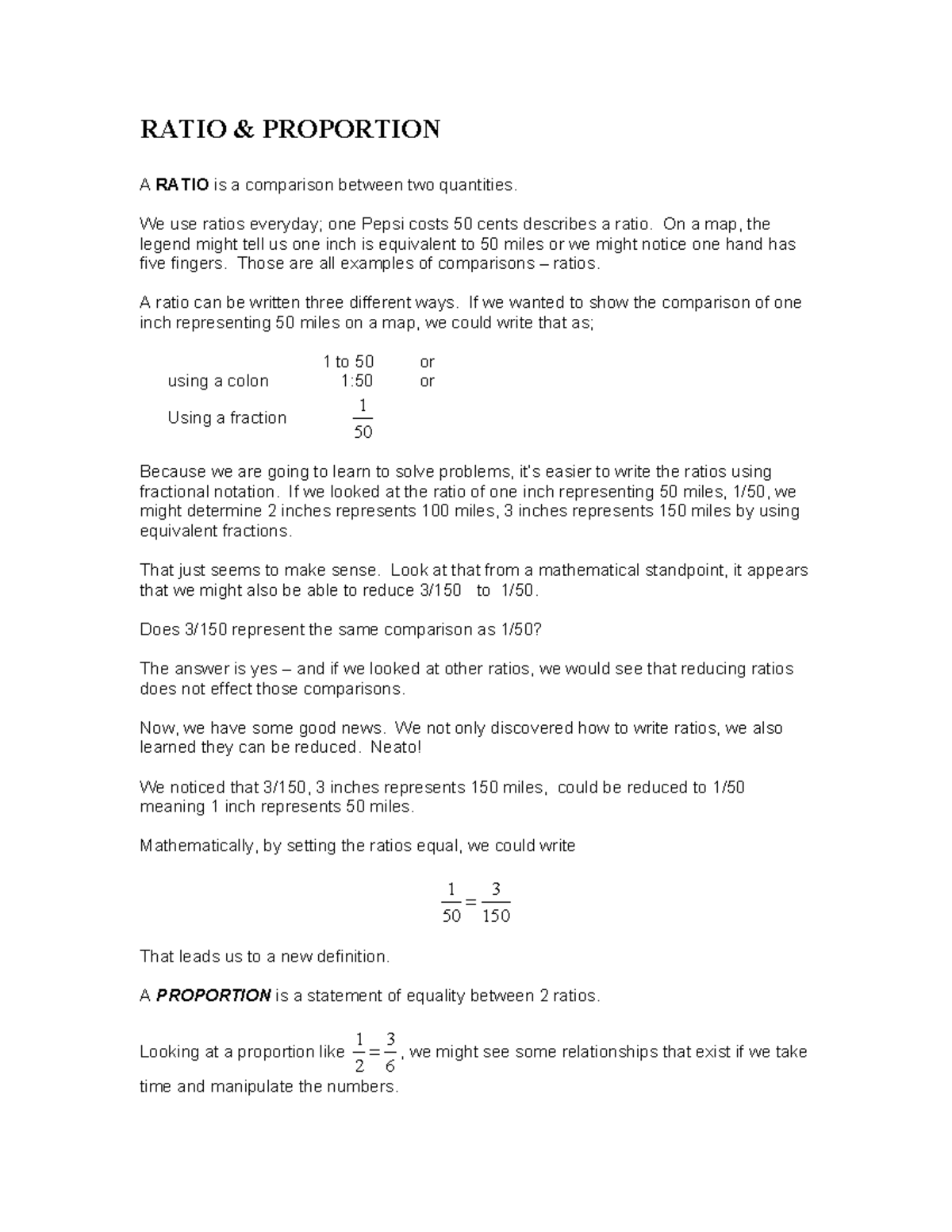 277Ch - notes - RATIO & PROPORTION A RATIO is a comparison between two ...