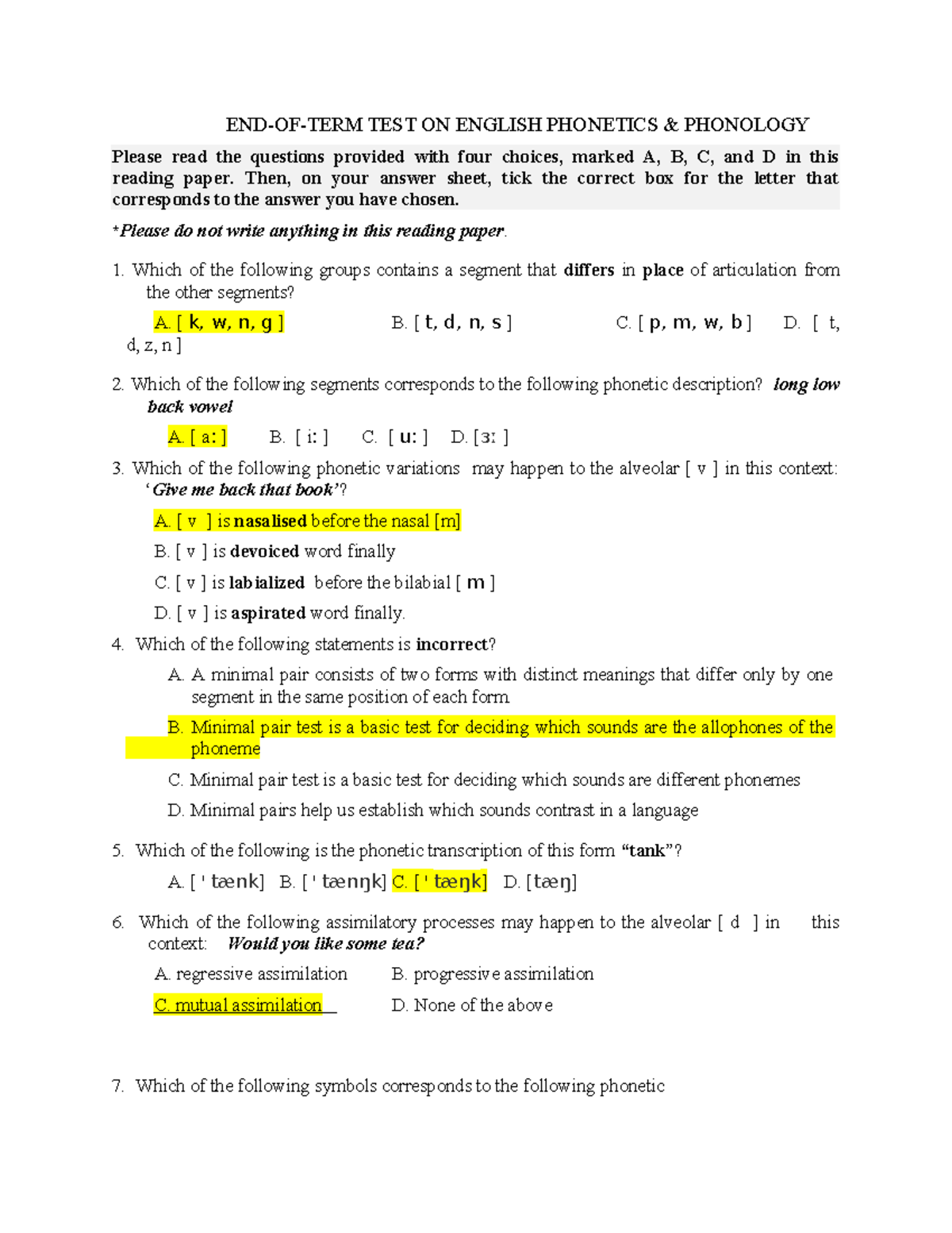 Phonetics And Phonology Sample Test 1 - END-OF-TERM TEST ON ENGLISH ...