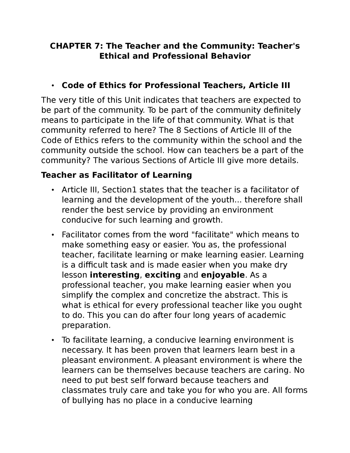 teachers ethical and professional behavior essay