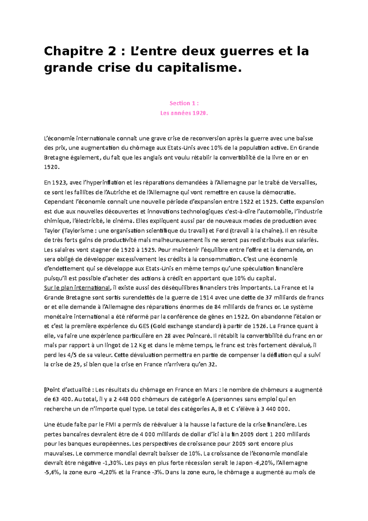 Chapitre 2 L'entre deux guerres et la grande crise du capitalisme Chapitre 2 L’entre deux