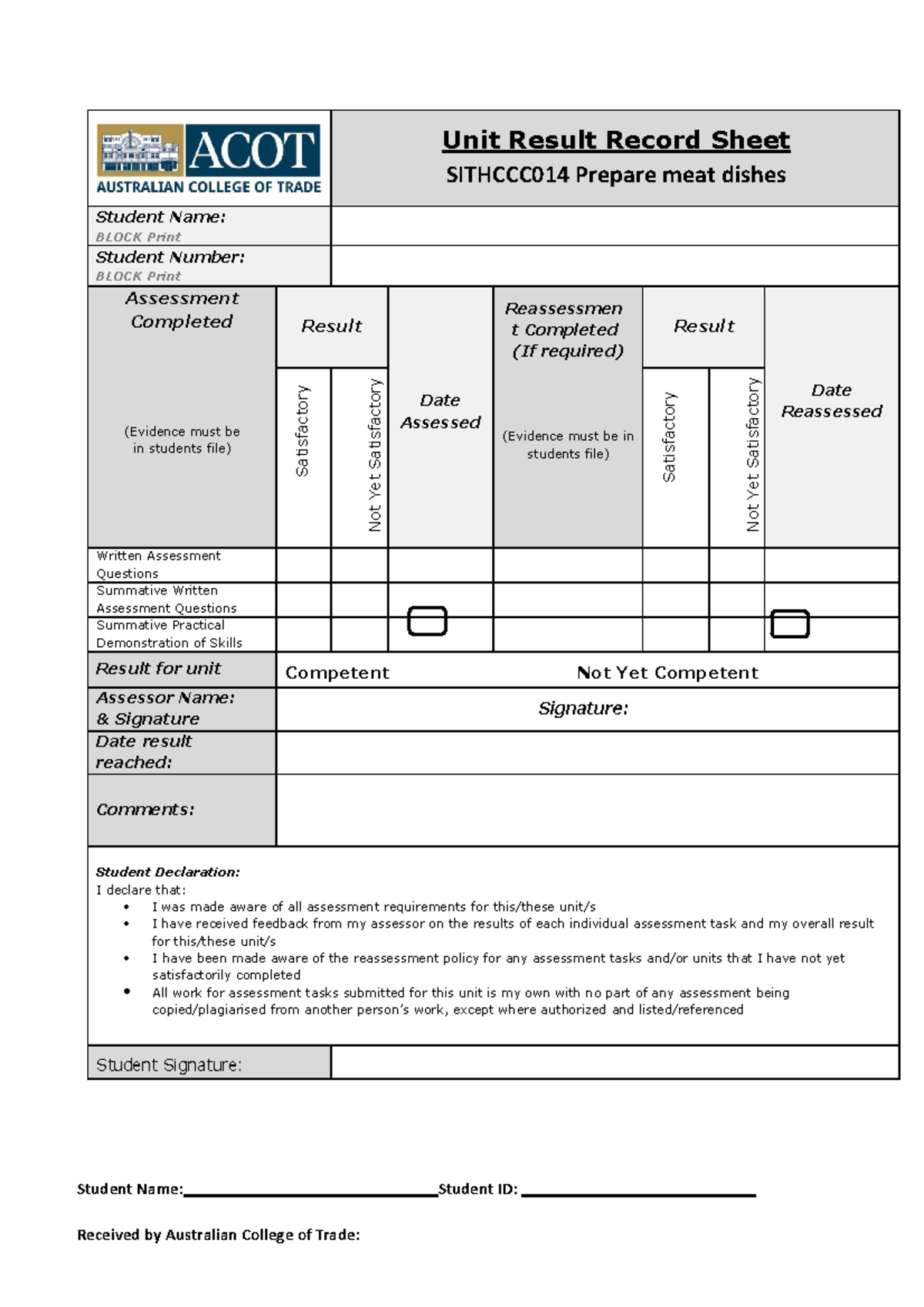 Sithccc 014 Learner Workbook V1.1 ACOT Unit Result Record Sheet SITHCCC014 Prepare meat dishes